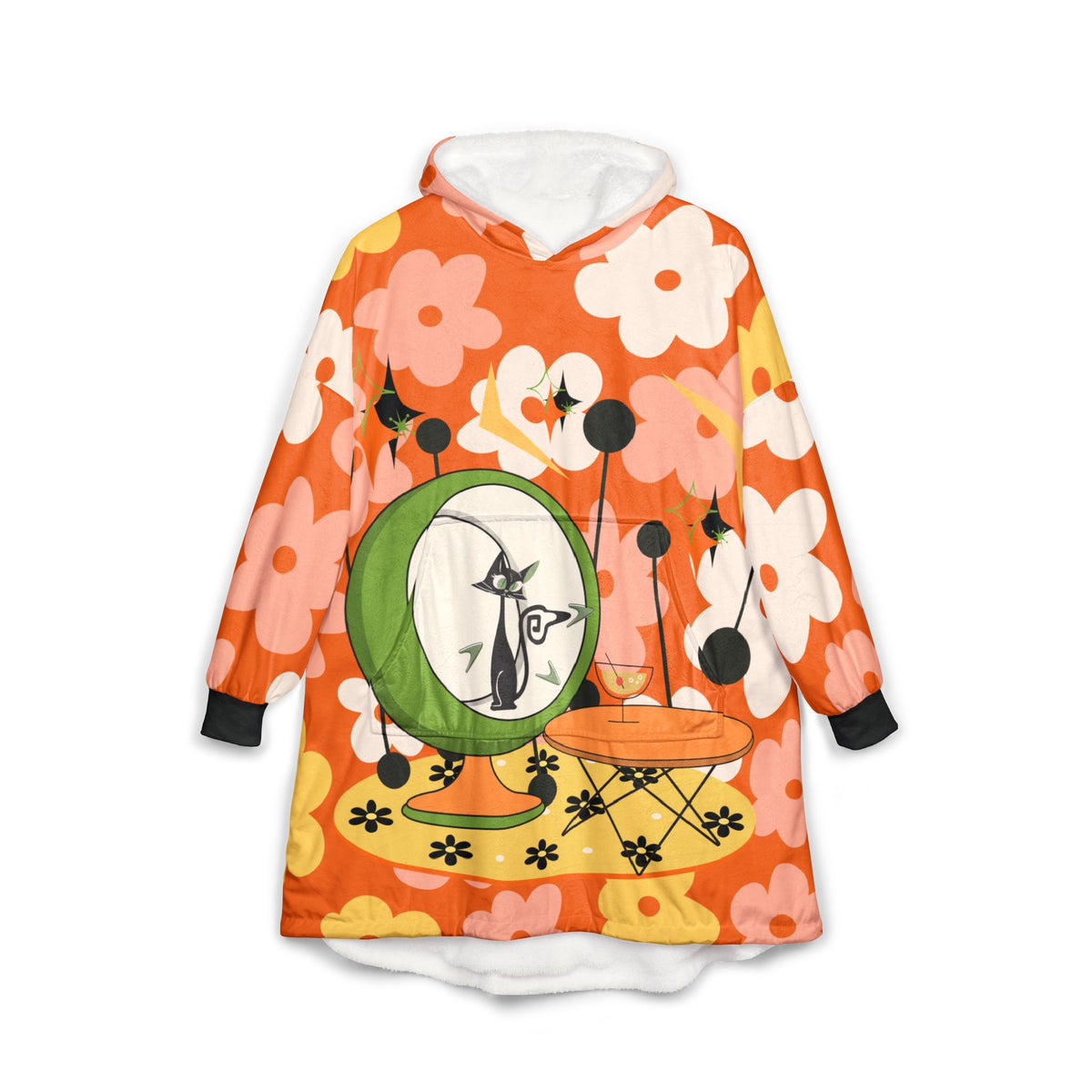 Atomic Kitschy Cat 70s Retro Floral Unisex Hooded Blanket - Cozy and Stylish - Mid Century Modern Gal