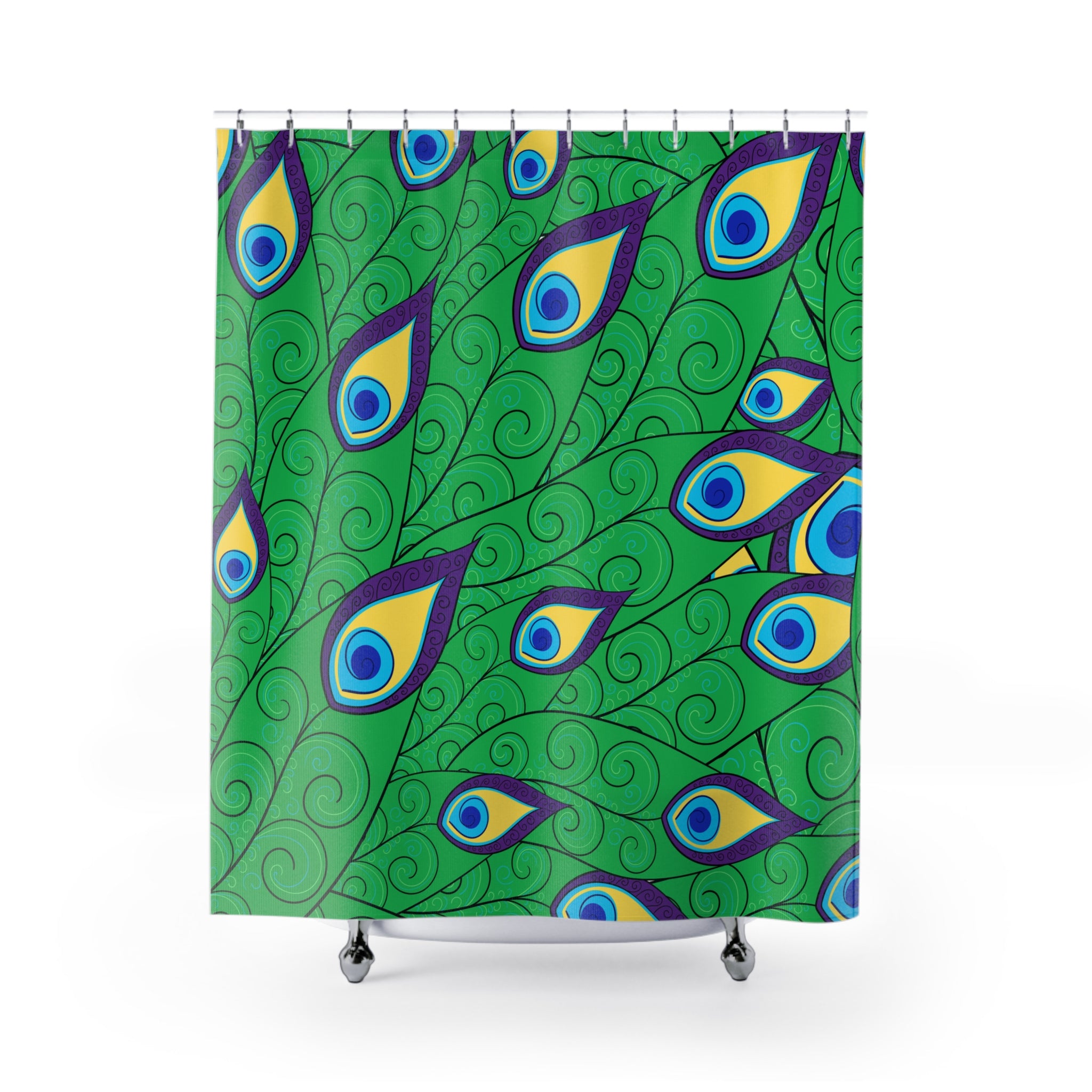 Mid Century Peacock Green, Purple, Yellow And Blue Boho Modern Shower Curtains - Mid Century Modern Gal