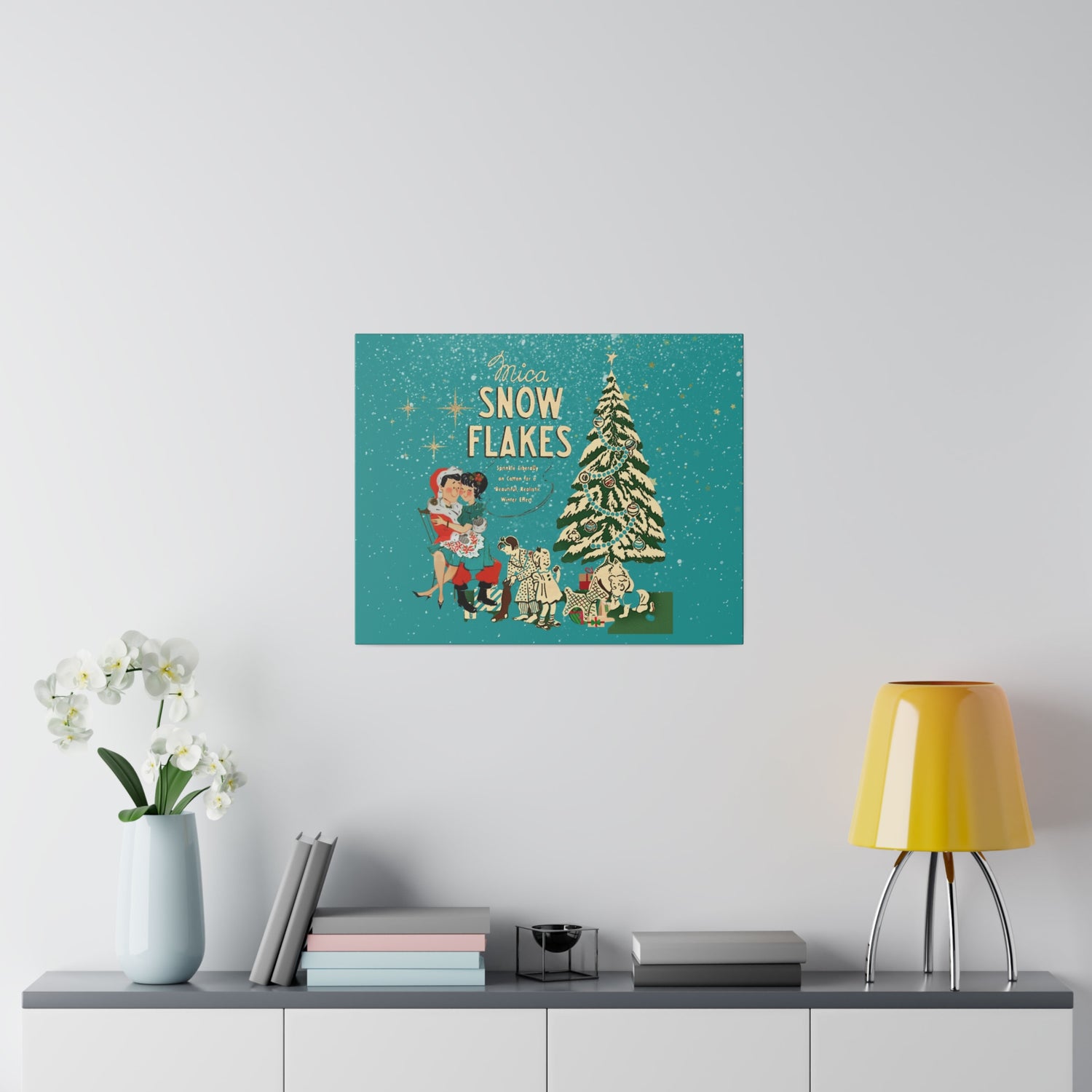Mid Century Modern Kitschy Christmas Mantel Wall Art, Teal Blue, Mica Snow 50s Mod Couple Christmas Scene Canvas Art - Mid Century Modern Gal
