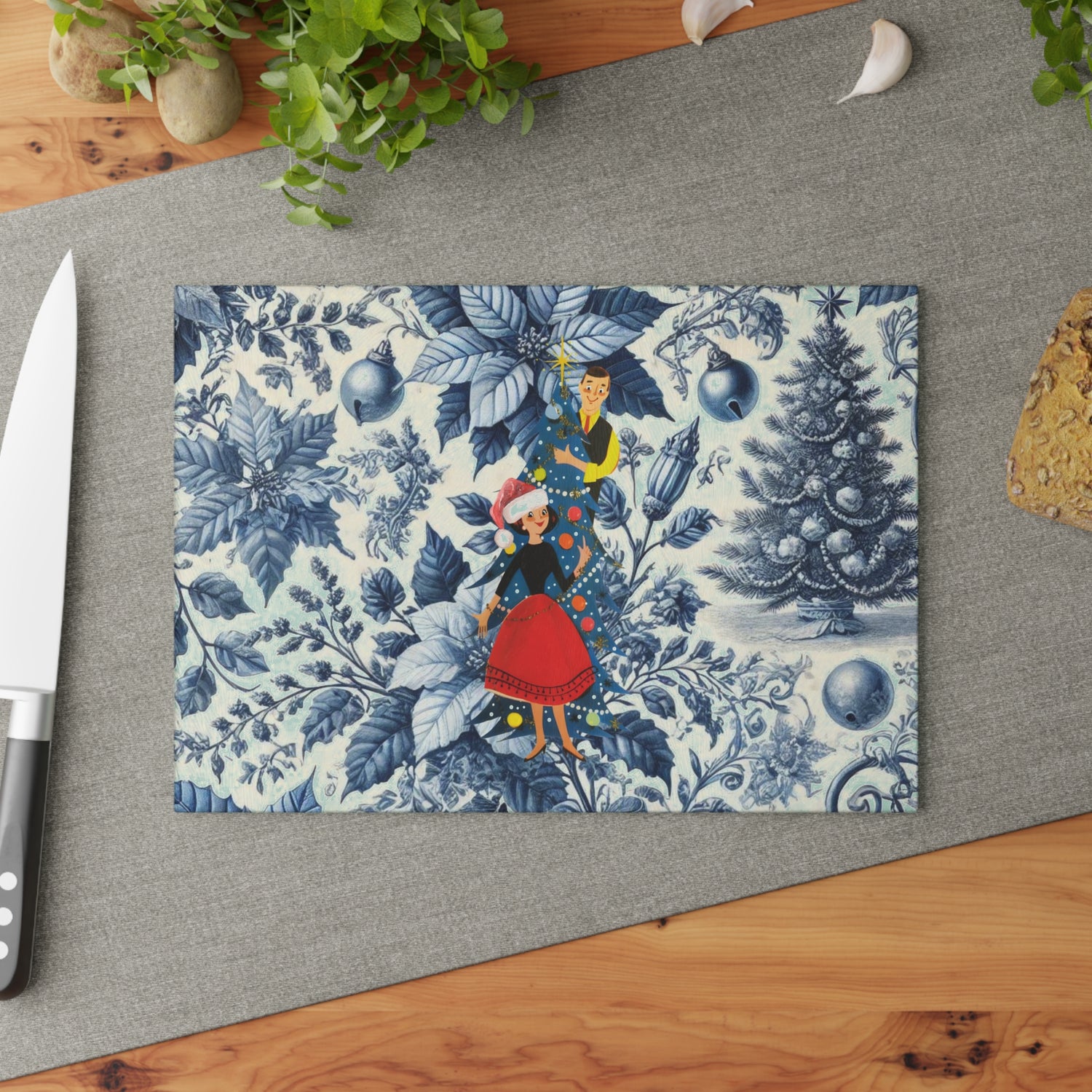 Christmas Toile, Blue White Kitschy Mod 50s Style Holiday Cheese Glass Cutting Board - Mid Century Modern Gal