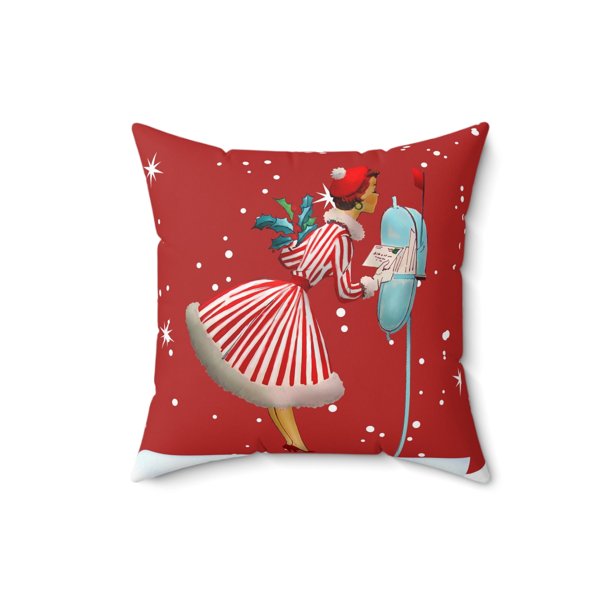 Vintage Christmas Decorative Pillow - Holiday Red with Retro Woman and Snowflakes - Mid Century Modern Gal