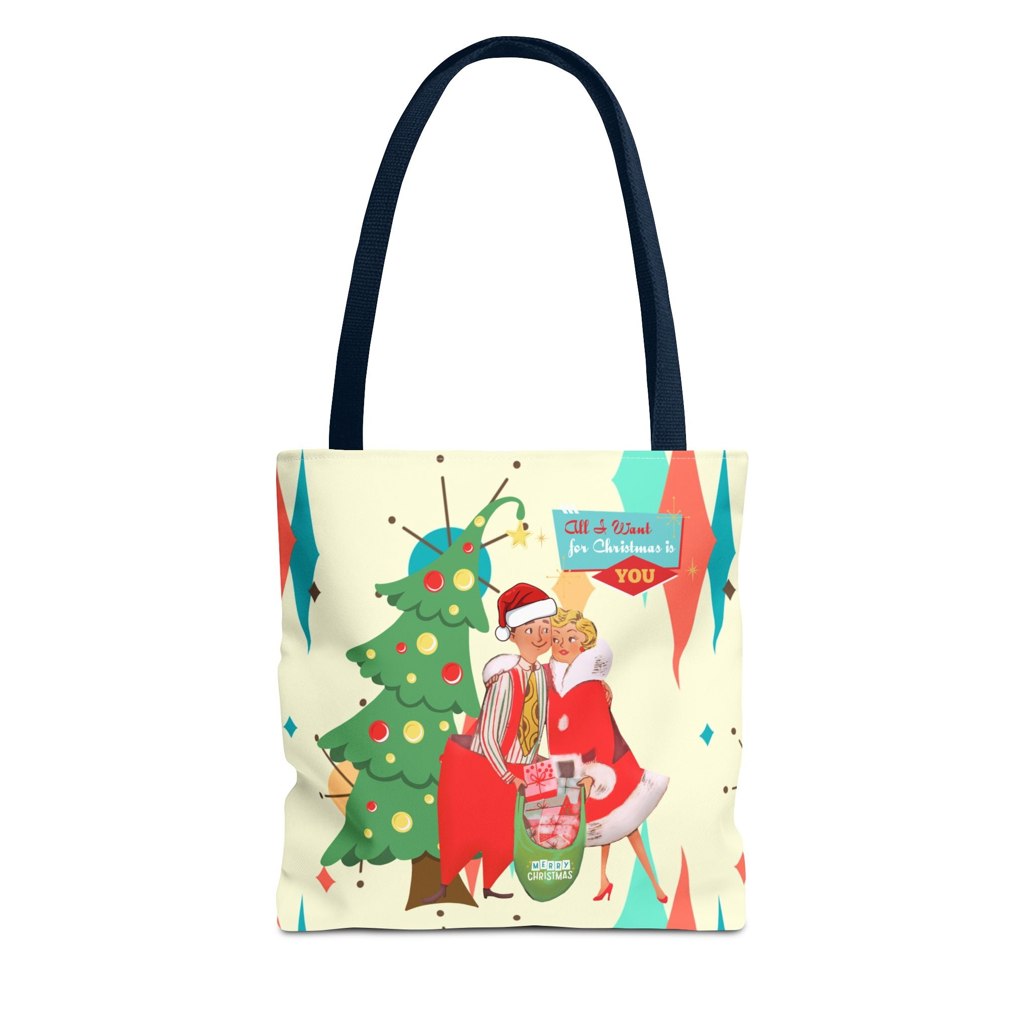 Christmas Couples Tote Bag, Cute Holiday Gift, Fun Shopping Bag, Joyful Christmas Decor, Merry Tote for Party Use - Mid Century Modern Gal