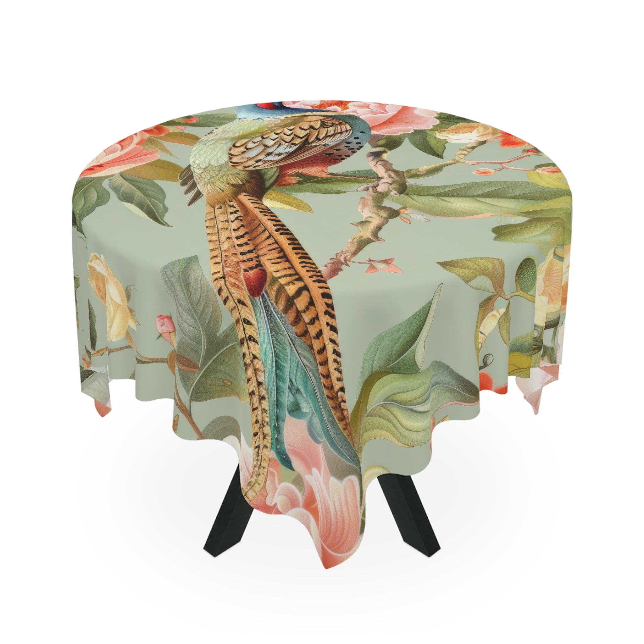 Chinoiserie Floral Pheasant Bird Tablecloth - Elegant Home Décor for Spring Celebrations - Mid Century Modern Gal
