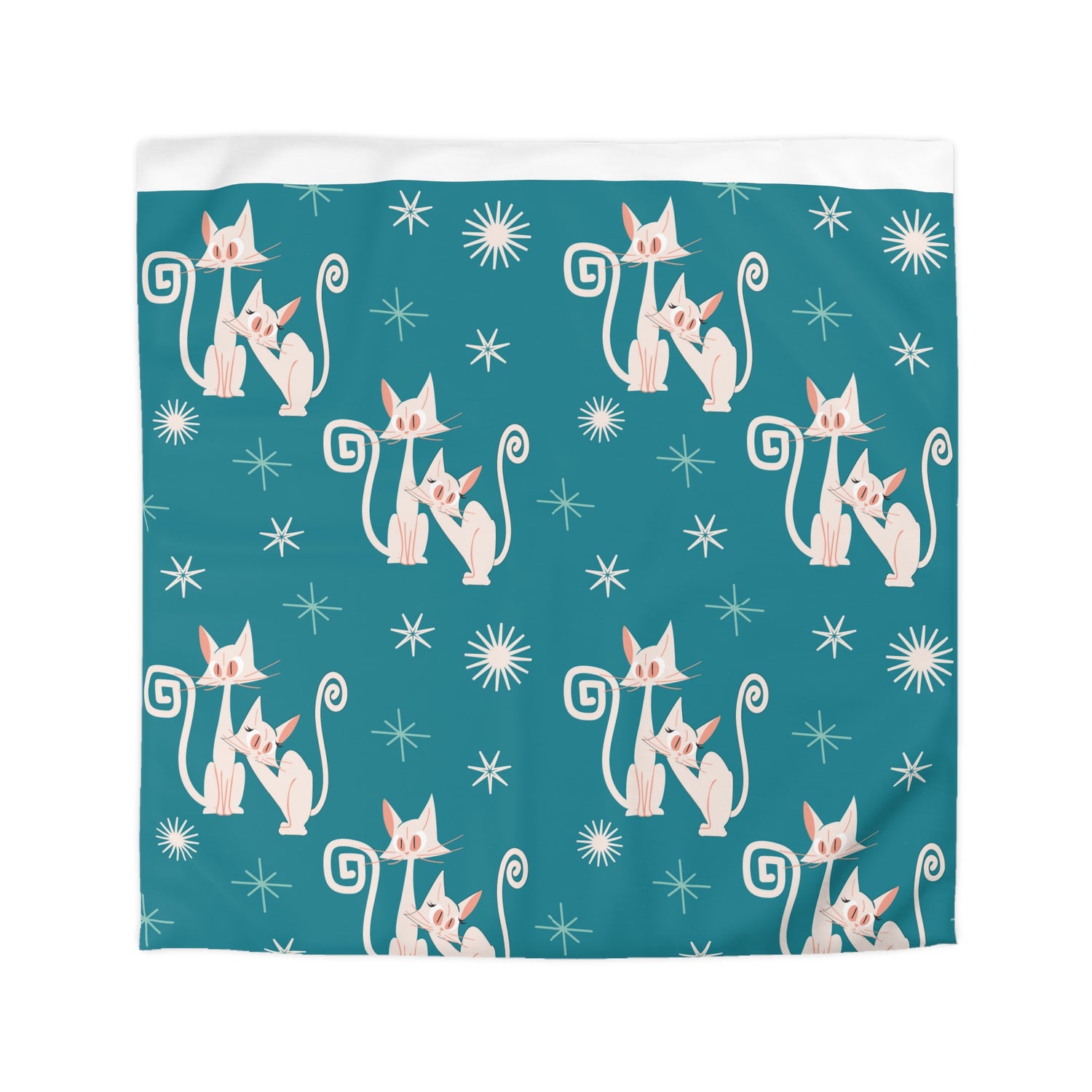 Mid Century Modern Atomic Kitty Cats, Teal, Starburst, MCM Microfiber Duvet Cover - Mid Century Modern Gal