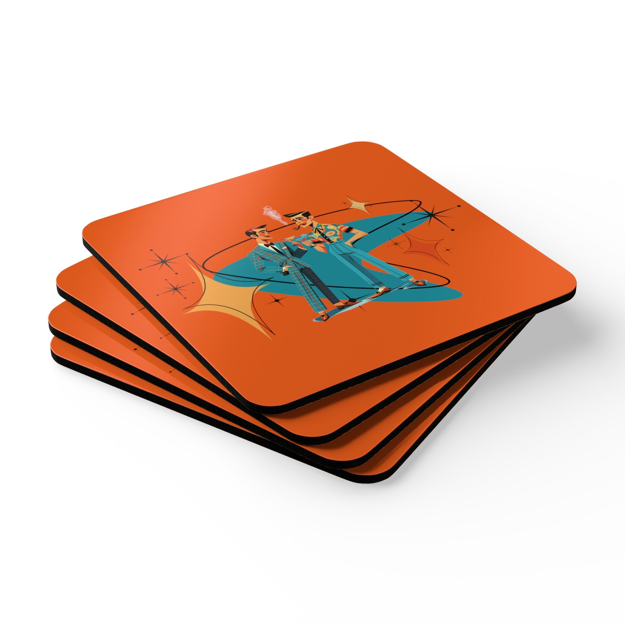 Mid Century Modern Gay Male Couple Gifts, Quirky Kitschy Sinatra Orange Corkwood Coaster Set - Mid Century Modern Gal