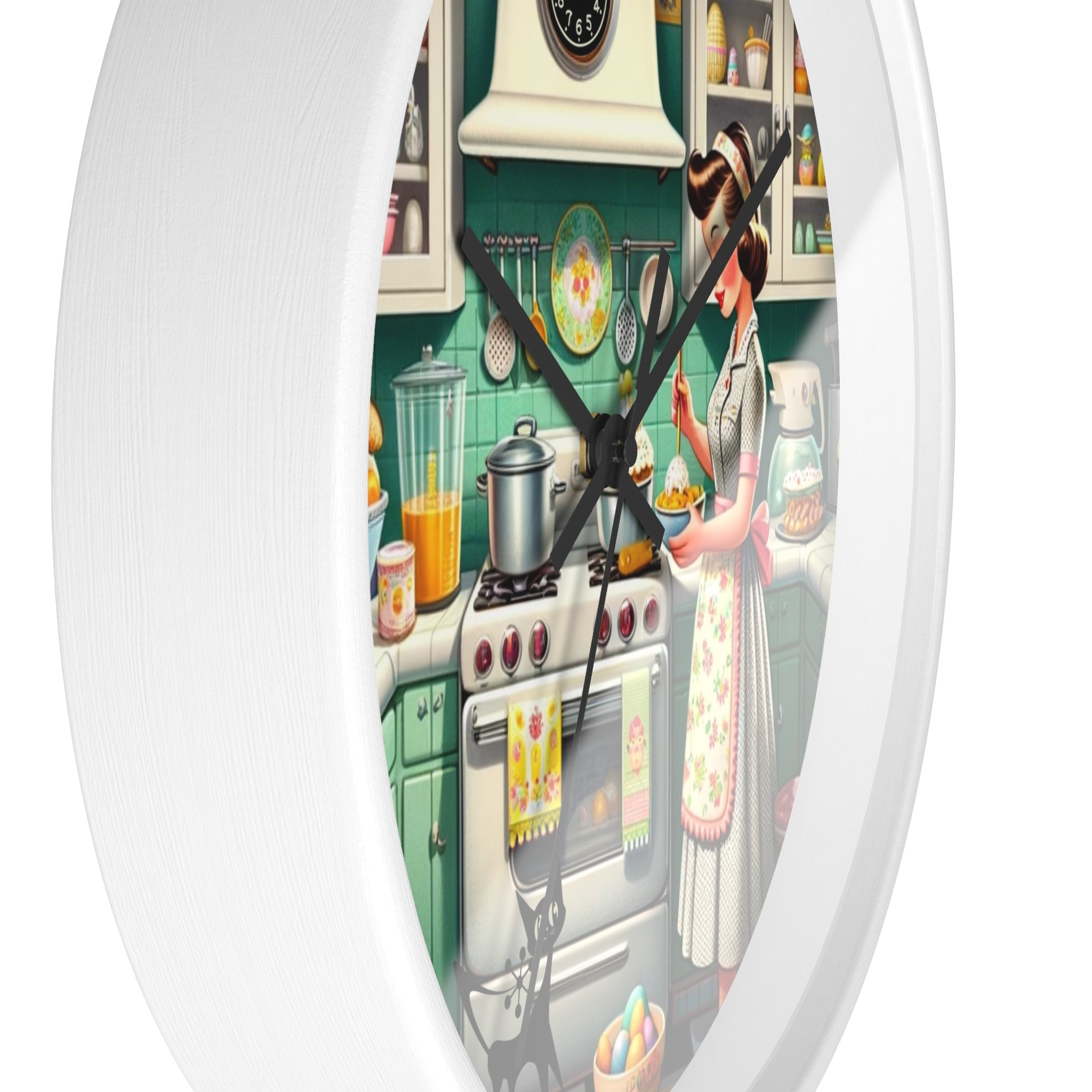 Vintage Kitschy Designed Mid Mod Gal Atomic Cat, Spring Wall Clock with Retro Cooking Design - Mid Century Modern Gal