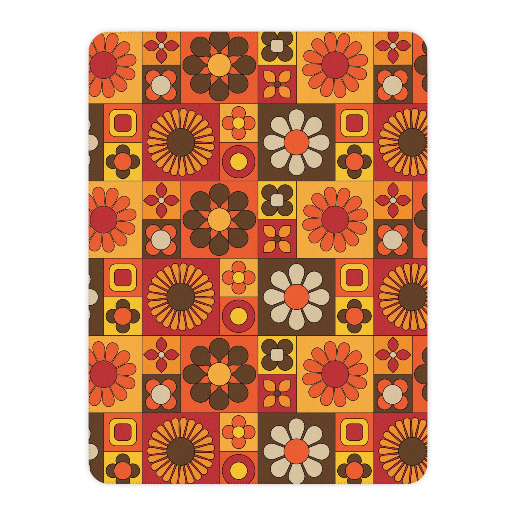 Retro Floral Boho Vibes, Orange, Yellow Brown Groovy Mod Tan Sherpa Blanket - Cozy Throw for Home Decor & Gifting - Mid Century Modern Gal