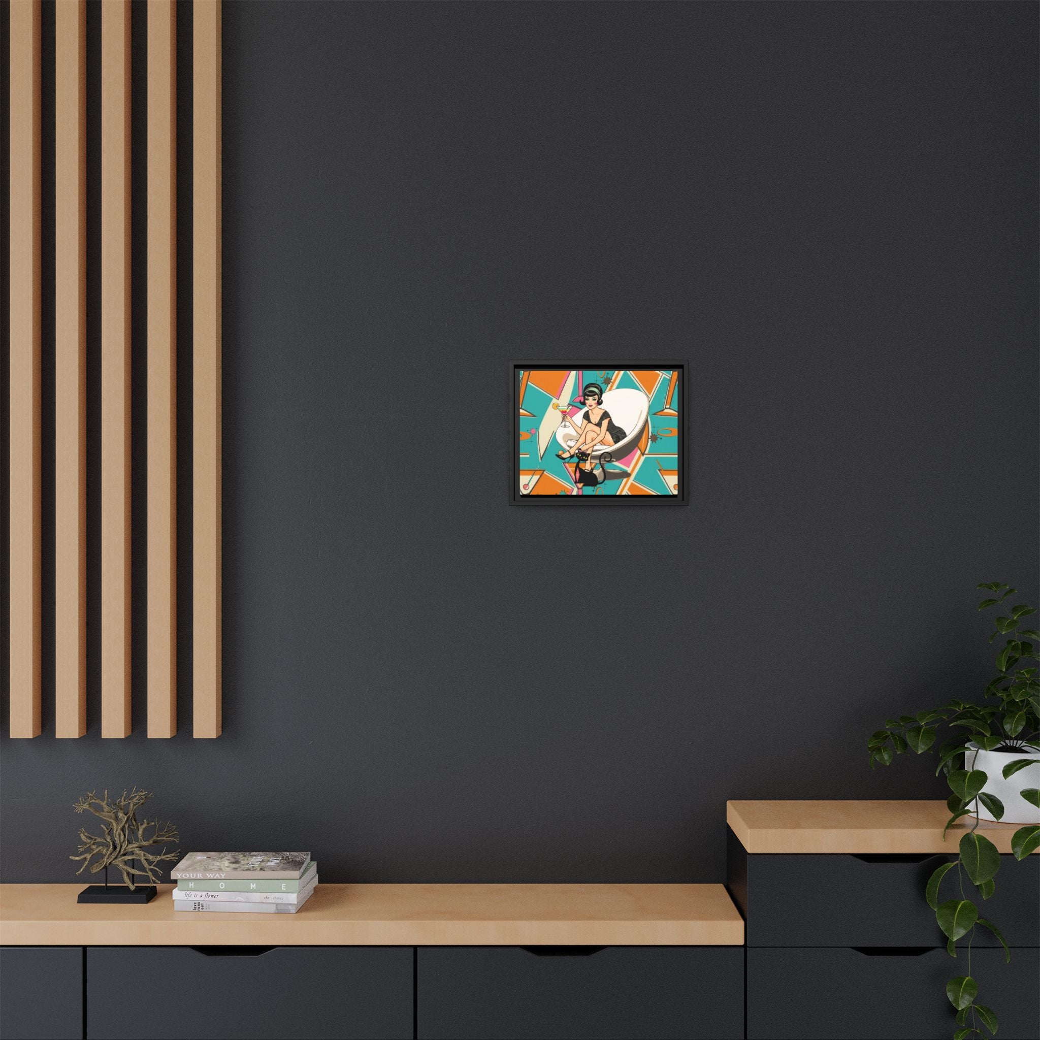 Mid Mod 60s Gal, Atomic Cat Barware Wall Art - Framed Matte Canvas with Vintage Cocktail And Retro Cat Design - Mid Century Modern Gal