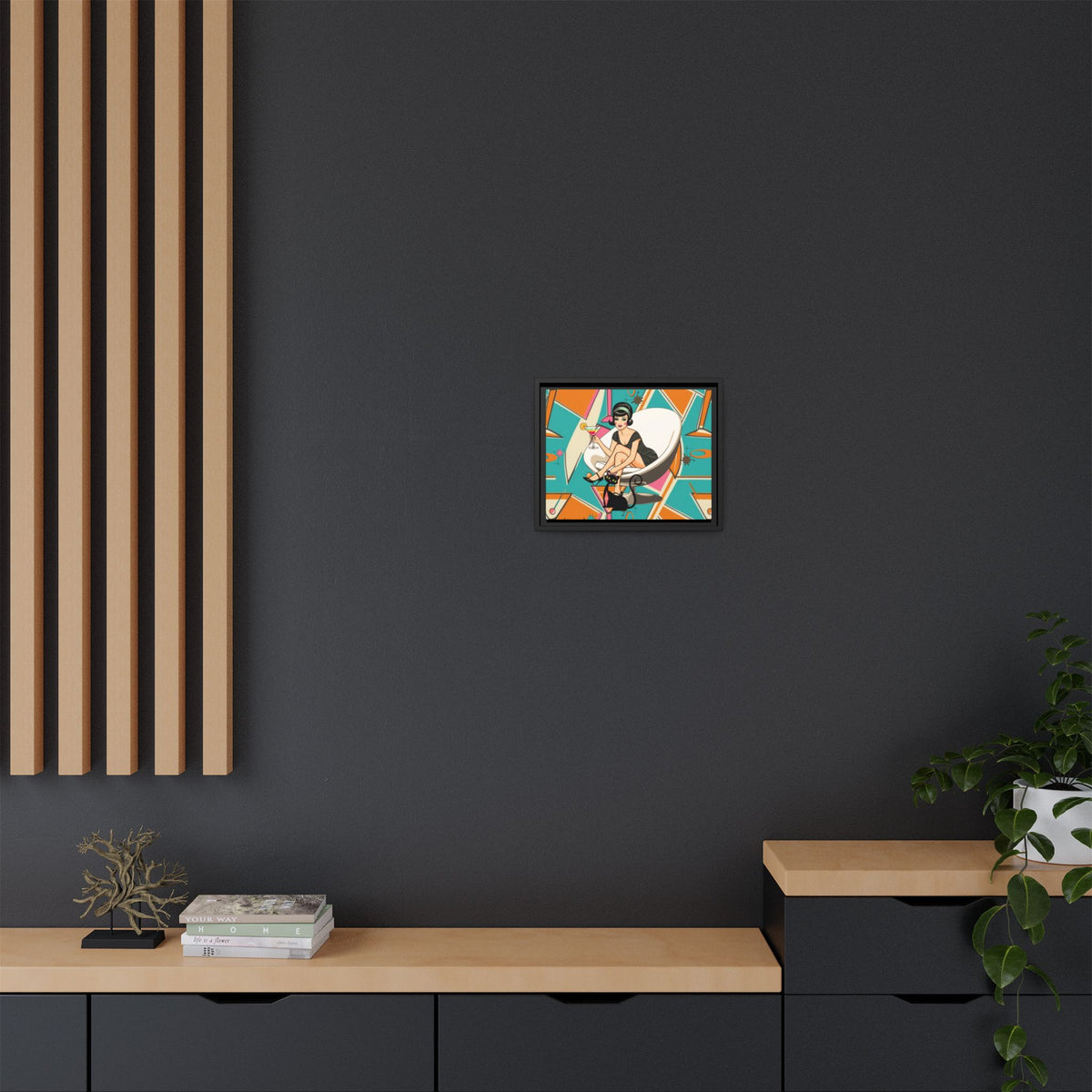 Mid Mod 60s Gal, Atomic Cat Barware Wall Art - Framed Matte Canvas with Vintage Cocktail And Retro Cat Design - Mid Century Modern Gal