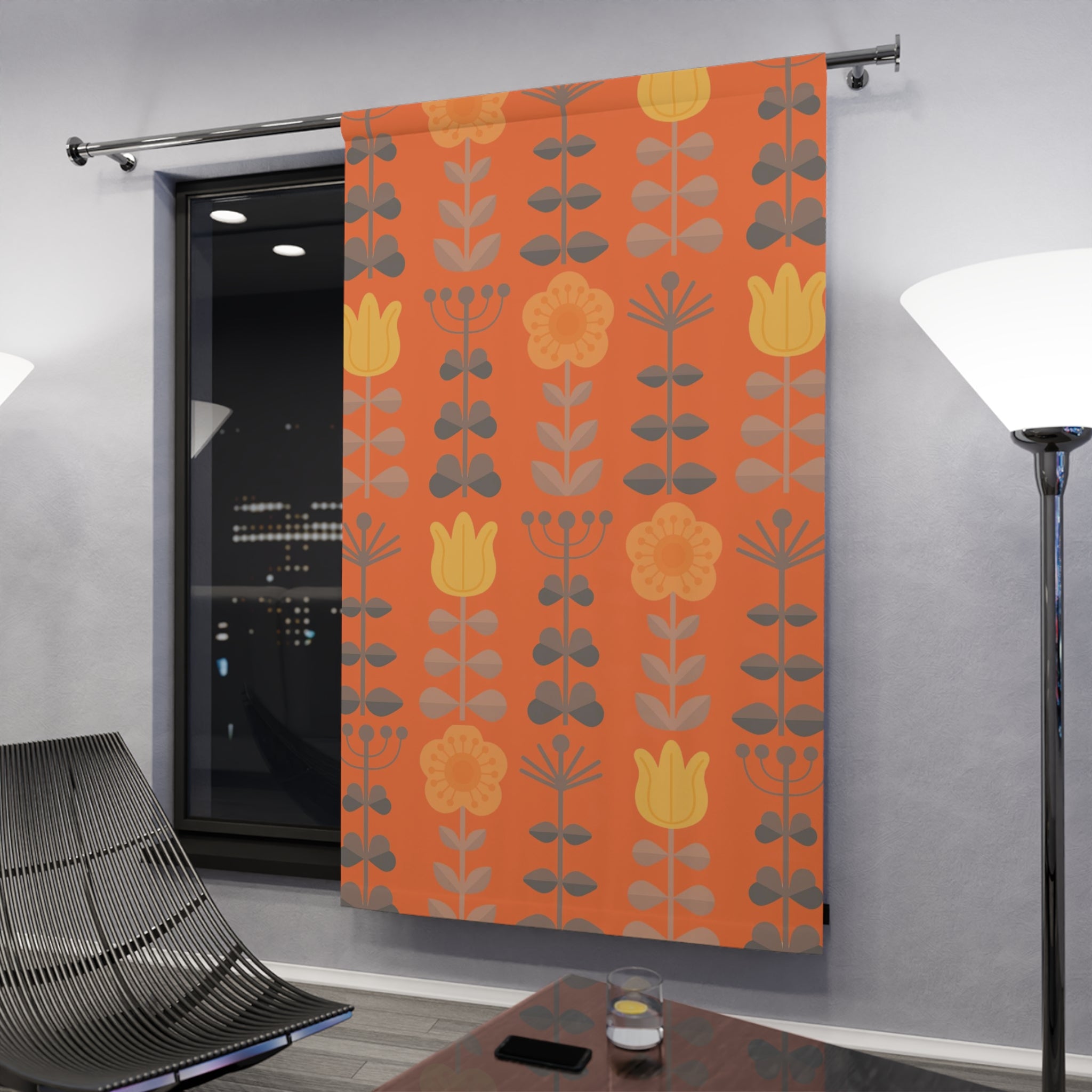 Scandinavian Curtains, Modern Danish, Nordic, Hygge, Orange, Yellow, Retro Folk Art Flowers, Floral Blackout Window Curtains - Mid Century Modern Gal