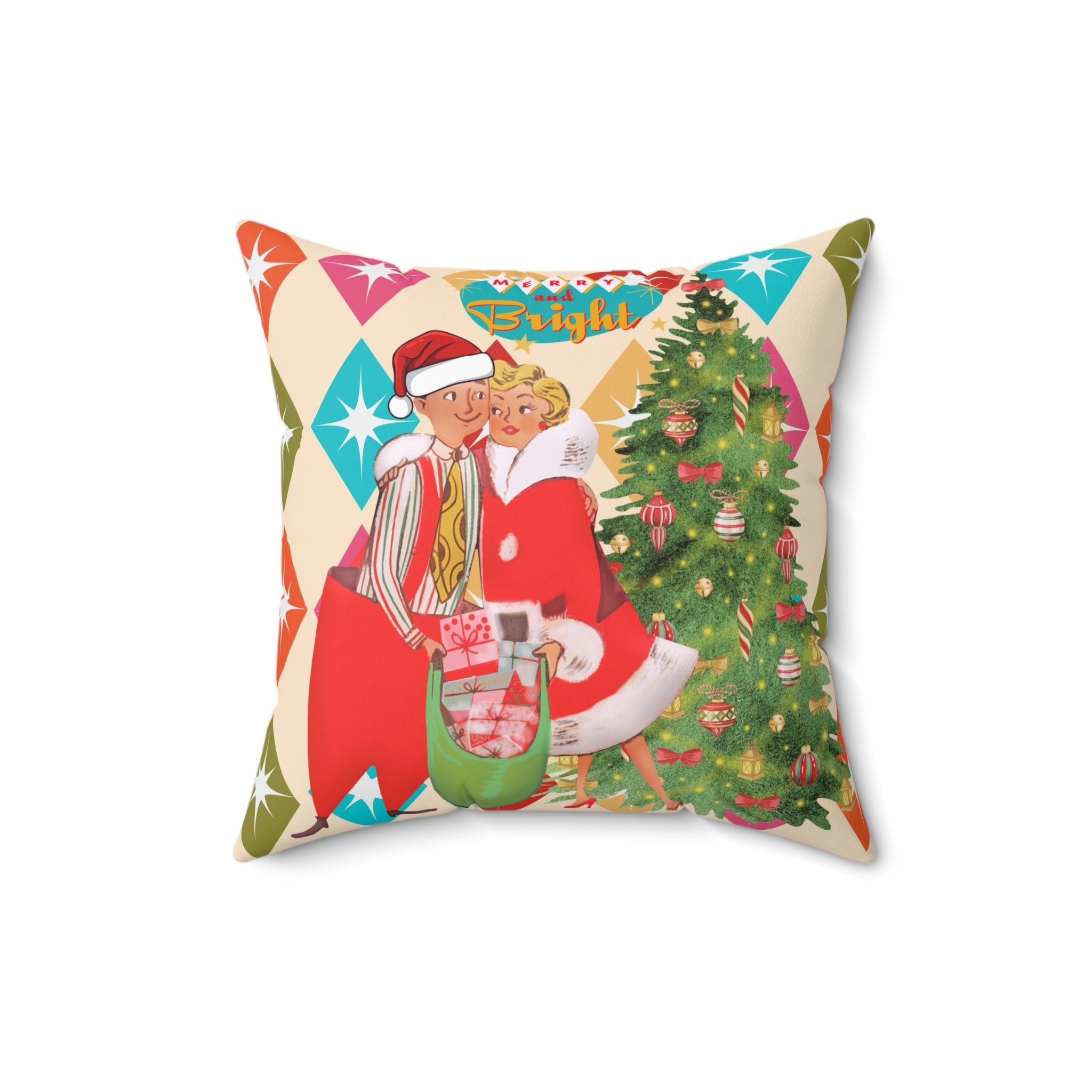 Vintage Christmas Square Pillow – Bright Holiday Decor - Mid Century Modern Gal