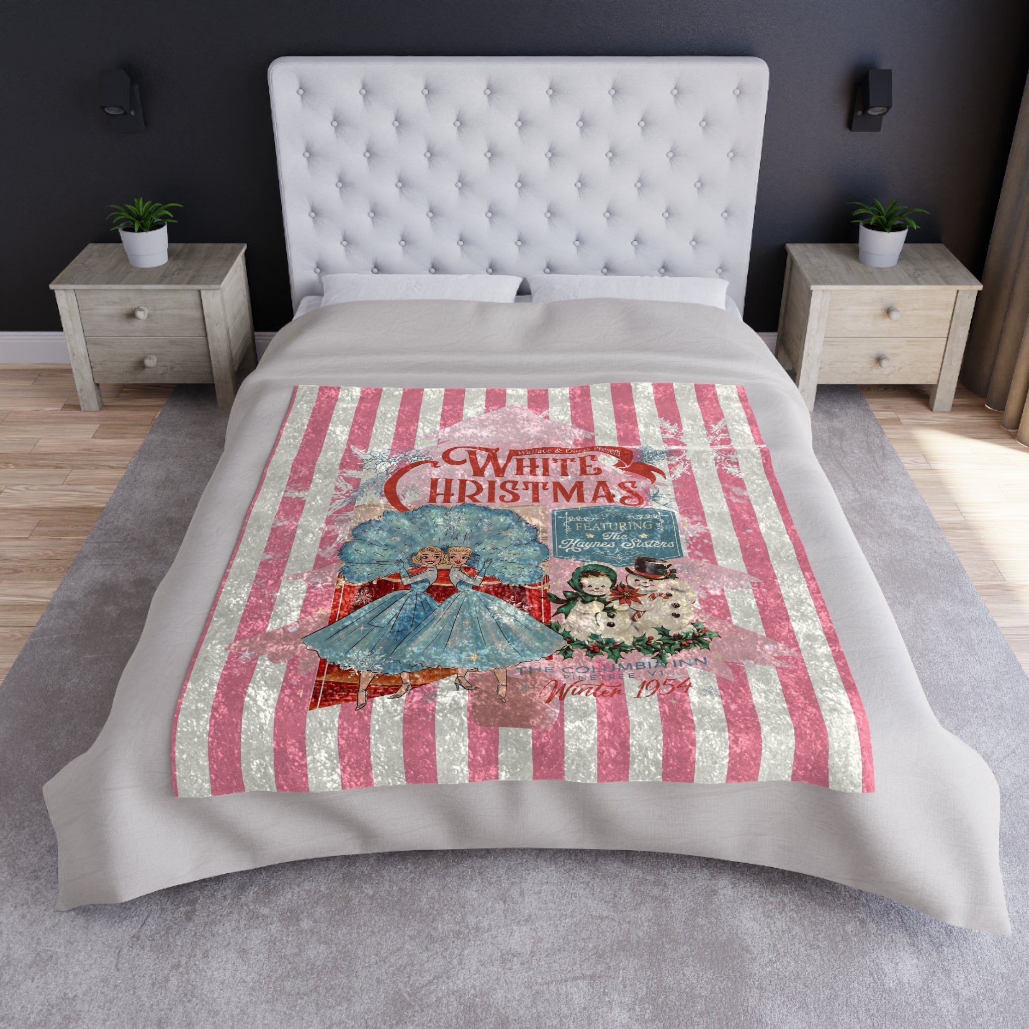 Sister Sister Haynes Sister Wallace And Davis Vintage Inspired Crushed Velvet Blanket - White Christmas Design - Mid Century Modern Gal