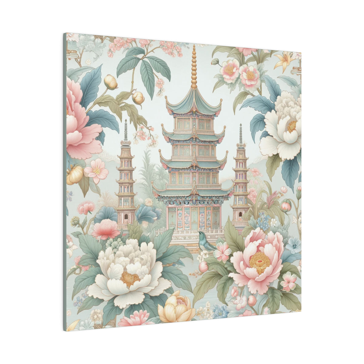 Chinoisere Wall Art, Beautiful Exotic Pagoda, Pastels, Florals, Roses, Blue Birds, Southern Home Style Wall Art - Mid Century Modern Gal
