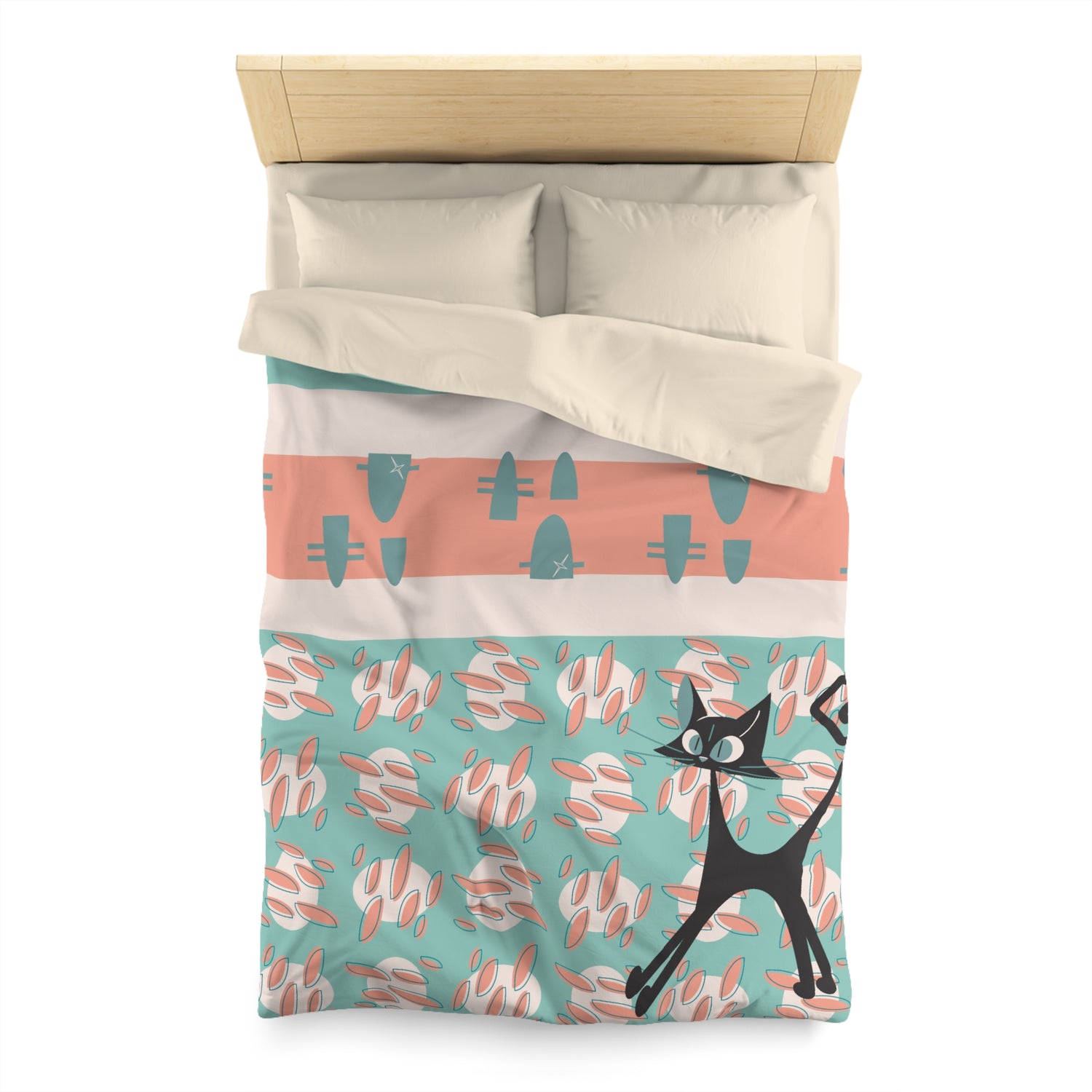 50s Nostalgic Atomic Cat Mid Century Modern Aqua, Coral Pink Peach, Kitschy Mid Century Modern  Duvet Cover - Mid Century Modern Gal