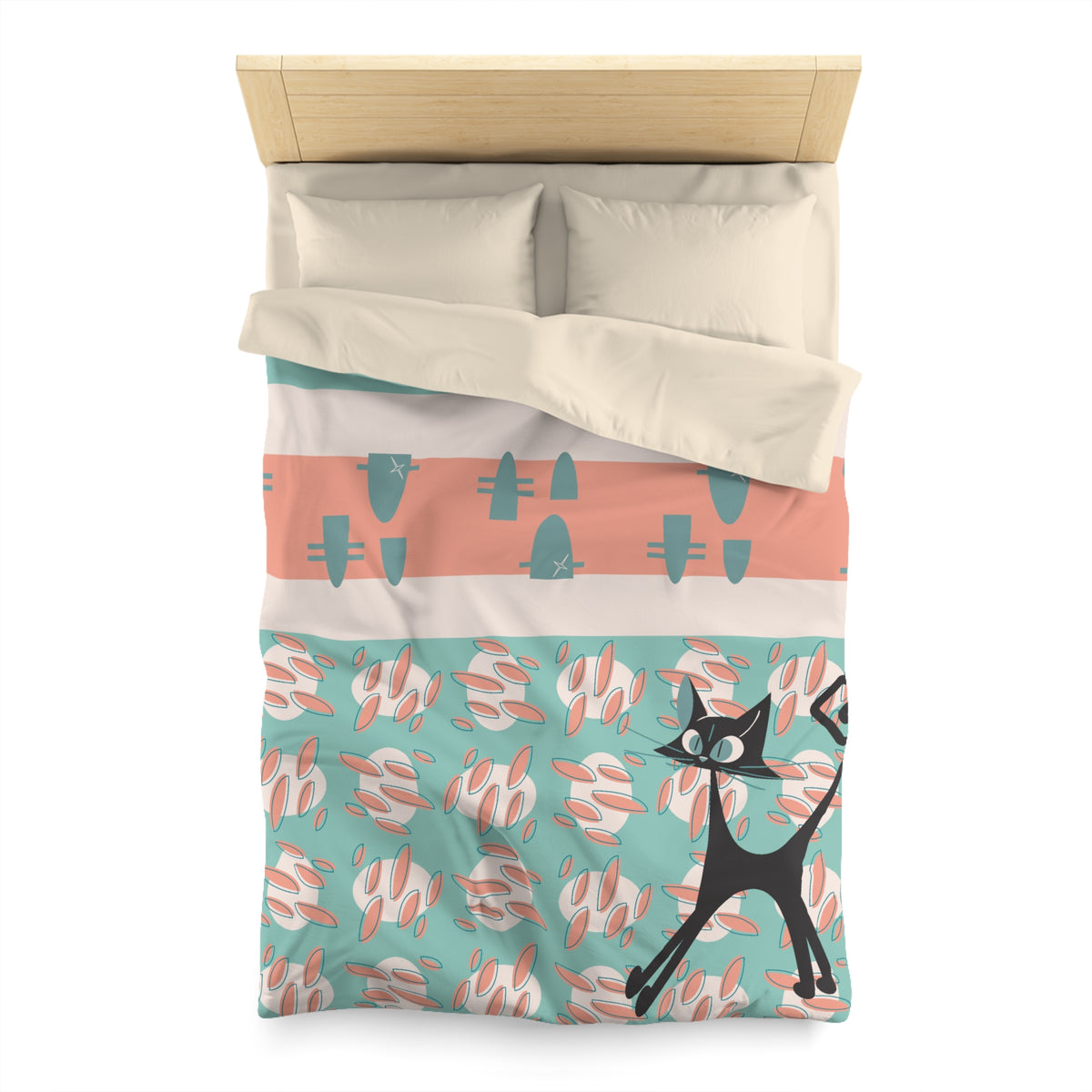 50s Nostalgic Atomic Cat Mid Century Modern Aqua, Coral Pink Peach, Kitschy Mid Century Modern Duvet Cover - Mid Century Modern Gal
