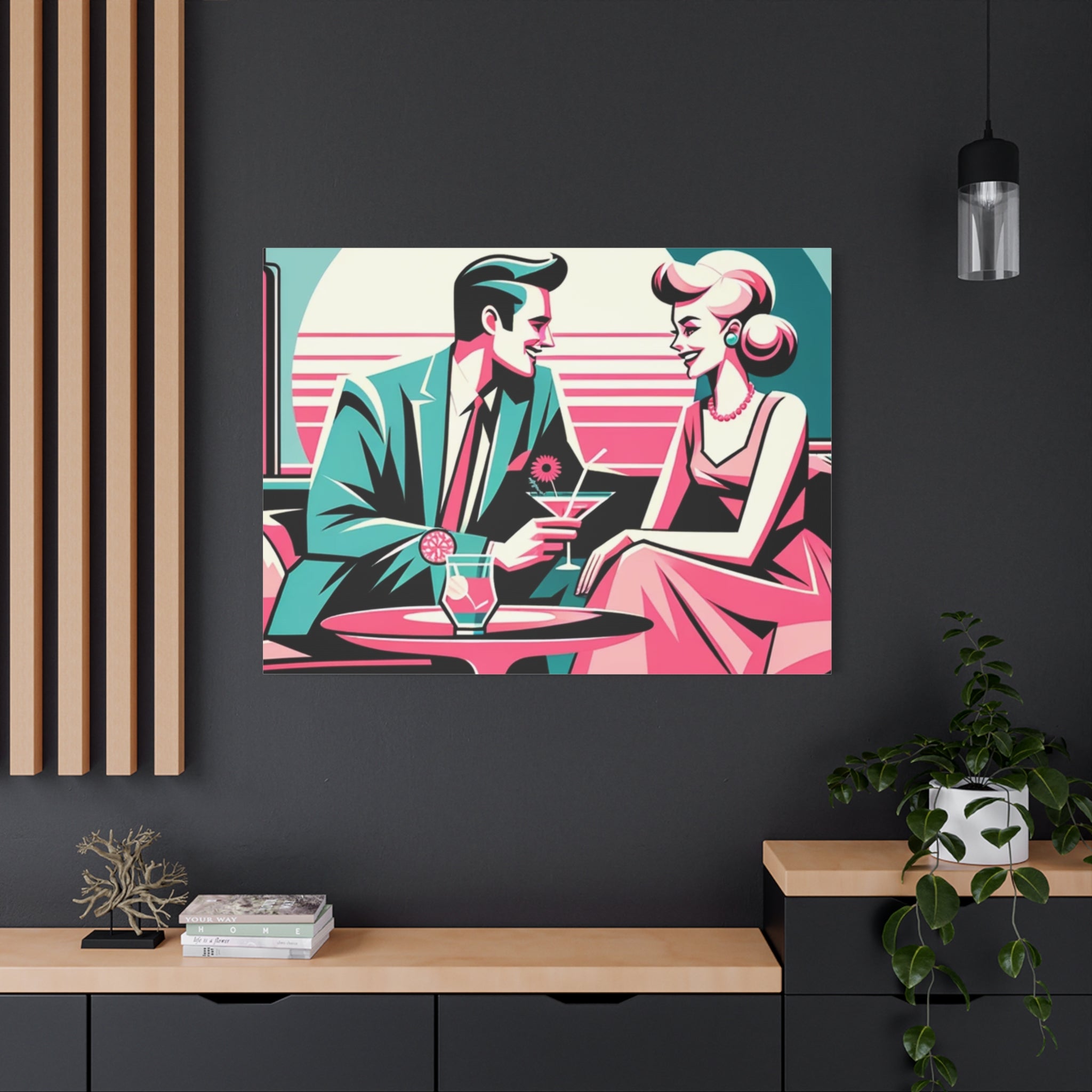 Mid Mod Retro Romance Pink, Aqua Teal Kitschy Mod Wall Art - Vintage Couple Design - Mid Century Modern Gal