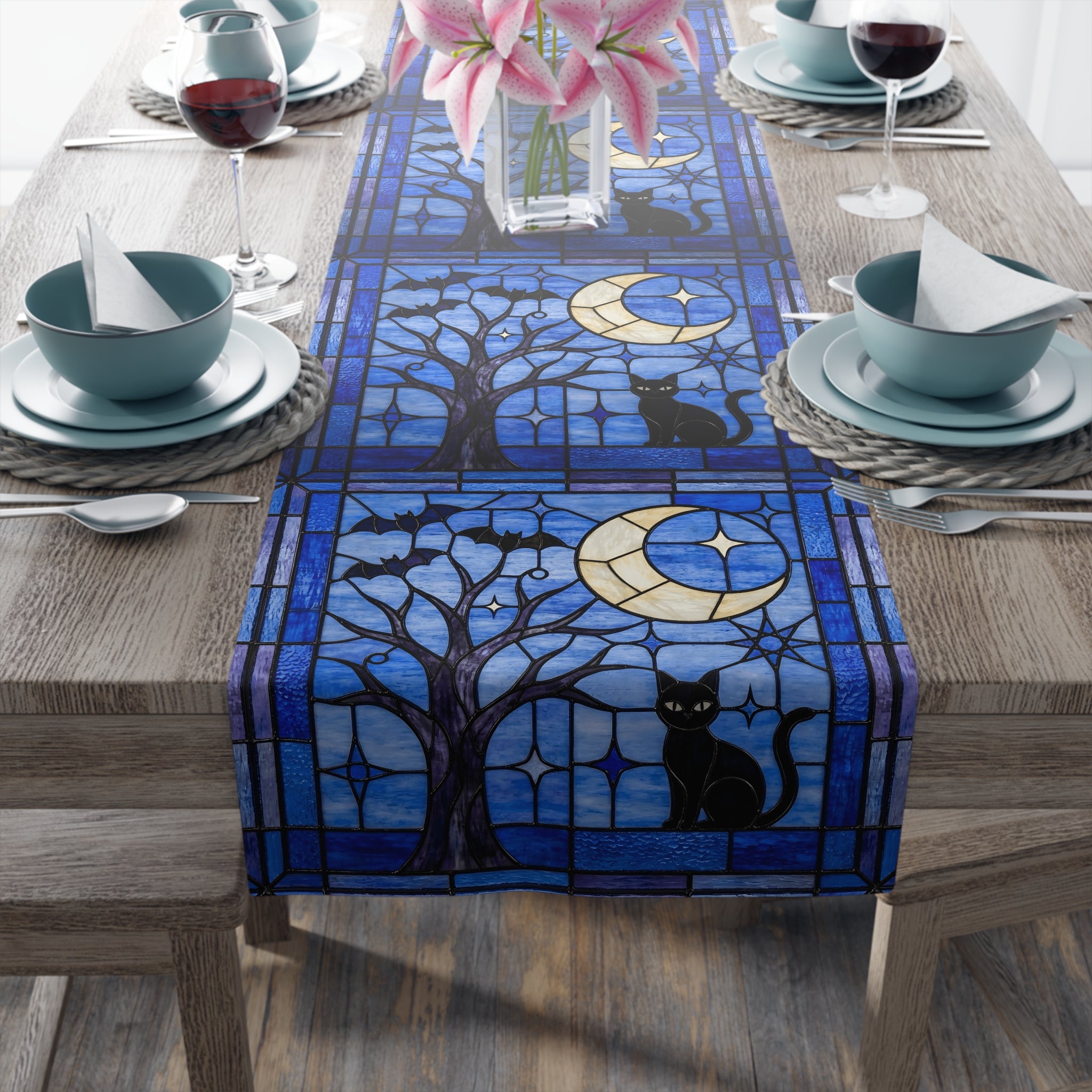 Halloween Stained Glass Style Night Sky Black Cat Table Runner