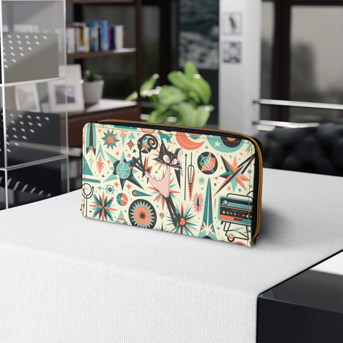 Atomic Cat Space Cat Mid Century Mod Atomic 50s Style Zipper Wallet - Mid Century Modern Gal