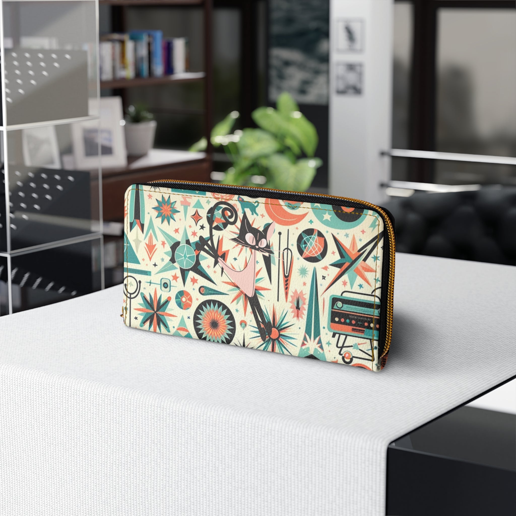 Atomic Cat Space Cat Mid Century Mod Atomic 50s Style Zipper Wallet - Mid Century Modern Gal
