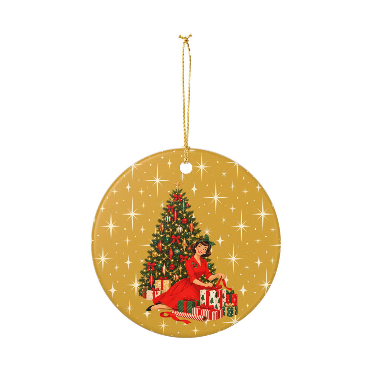 Mid Century Modern Christmas Glamour Gal Wrapping Presents by Tree, Gold Atomic Starbursts Ceramic Christmas Tree Ornament