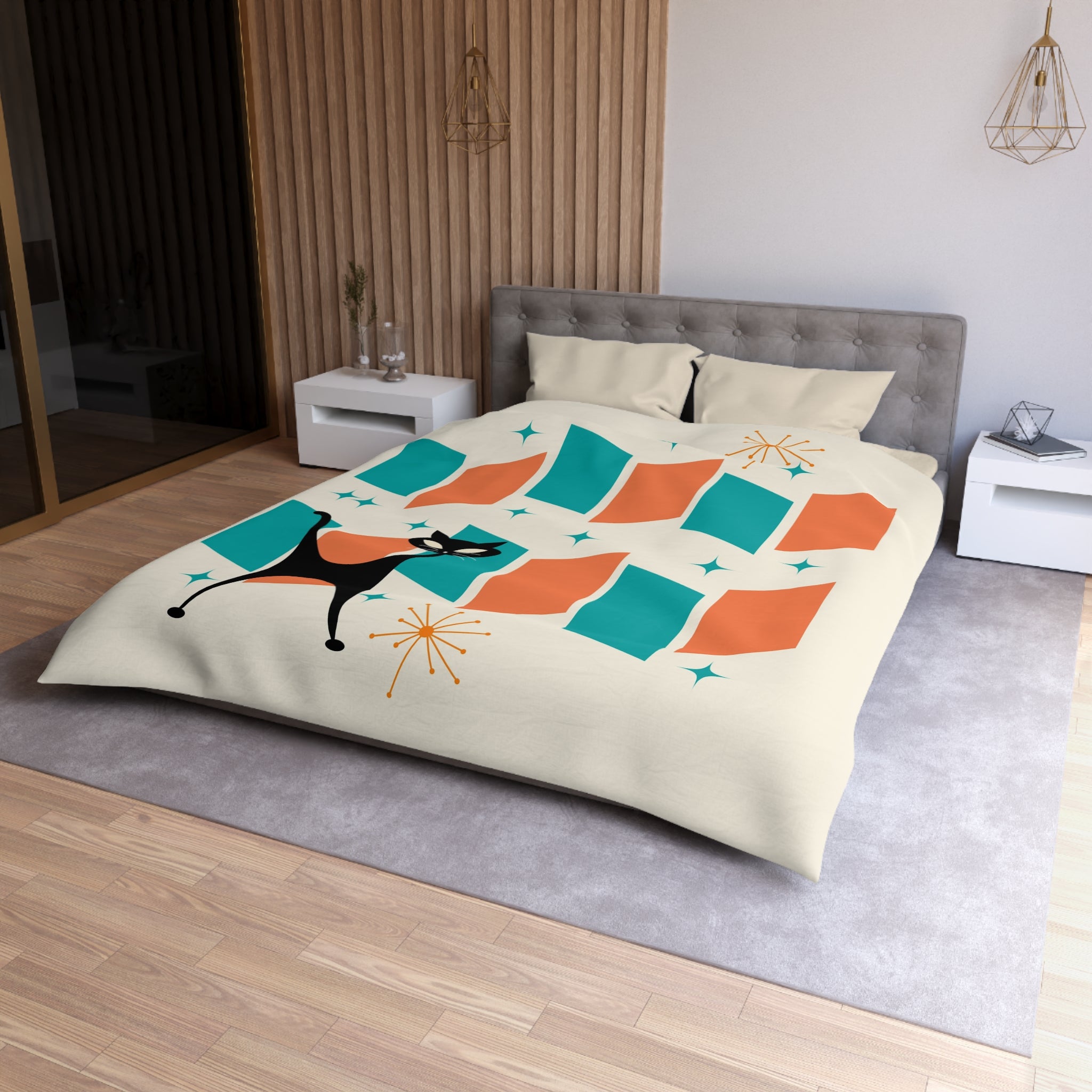 Mid Century Modern Orange, Teal, Retro Mod Duvet Cover With Atomic Cat Design - Mid Century Modern Gal