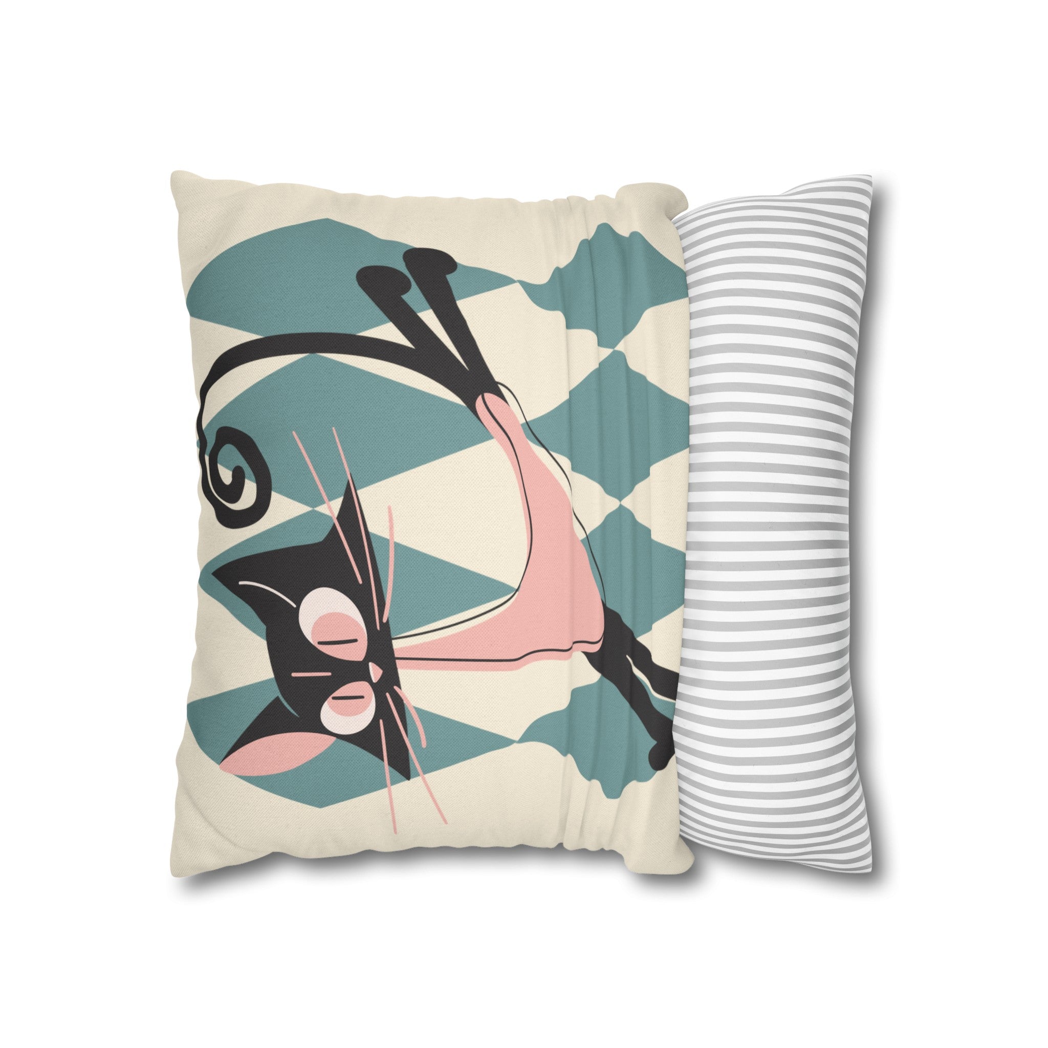 Atomic Kittie, Boomerang Mid Mod Atomic Cat, Harlequin Diamond Kitschy Pillow Cover - Mid Century Modern Gal