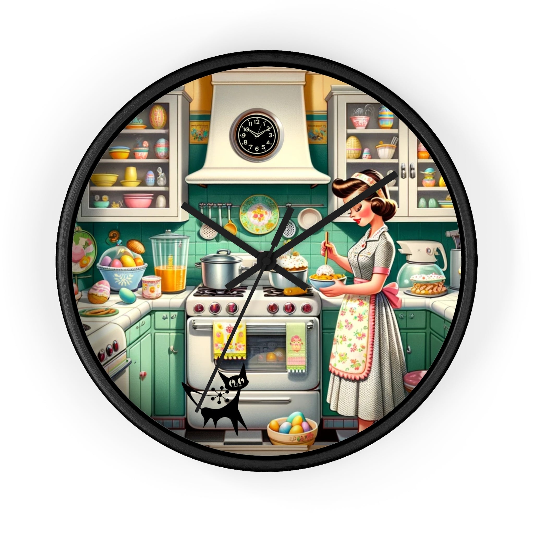 Vintage Kitschy Designed Mid Mod Gal Atomic Cat, Spring Wall Clock with Retro Cooking Design - Mid Century Modern Gal