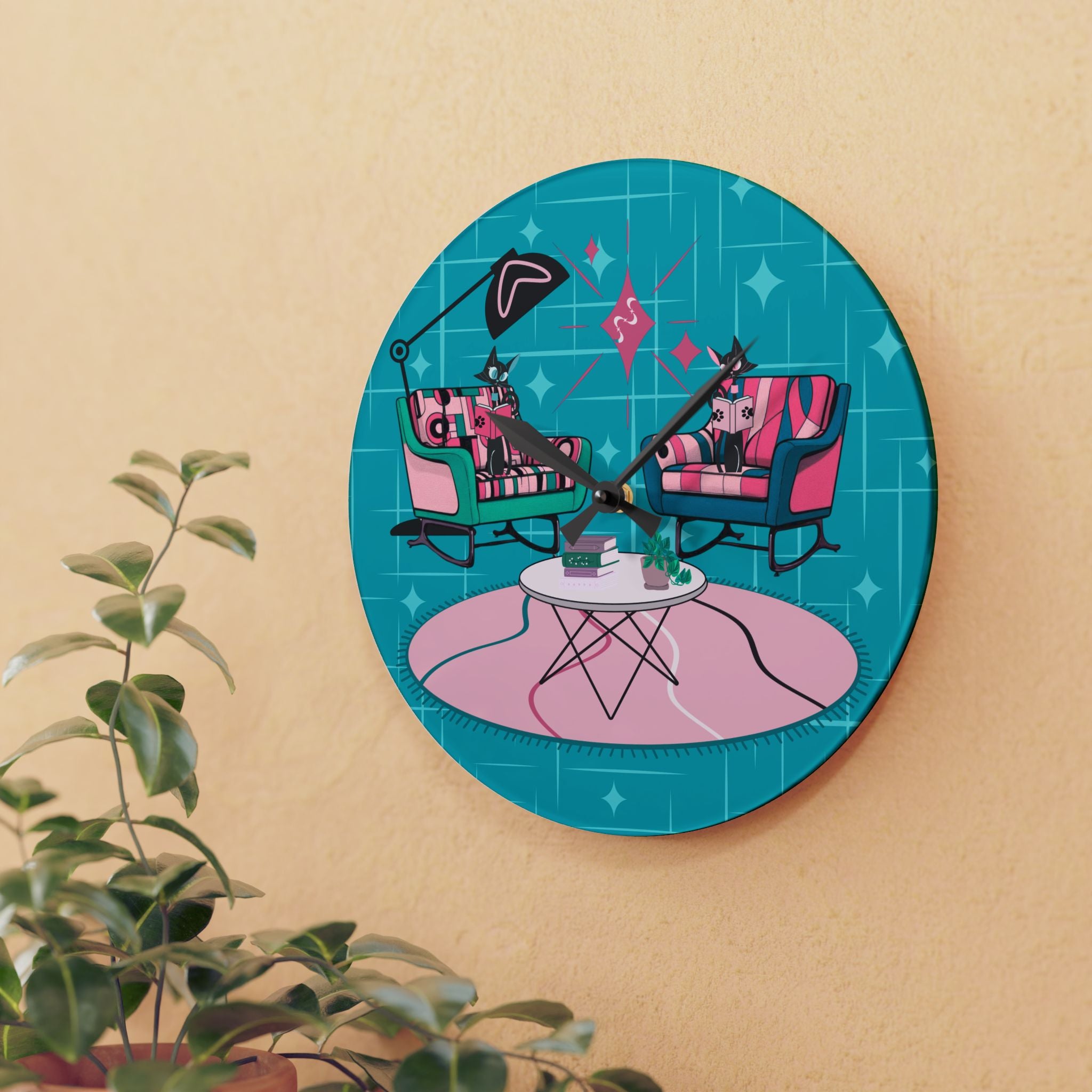 Atomic Reading Cats, Kitschy Mod Quirky Retro Modern Acrylic Wall Clock - Mid Century Modern Gal