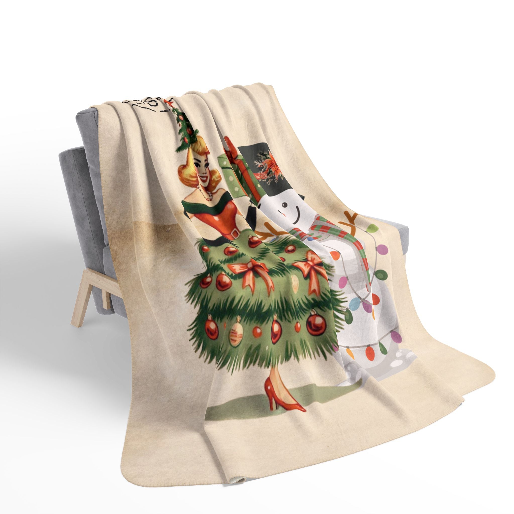 Retro Vintage Holiday 50s Kitsch Santa Gal, Snowman North Pole Cozy Seasonal Blanket - Mid Century Modern Gal