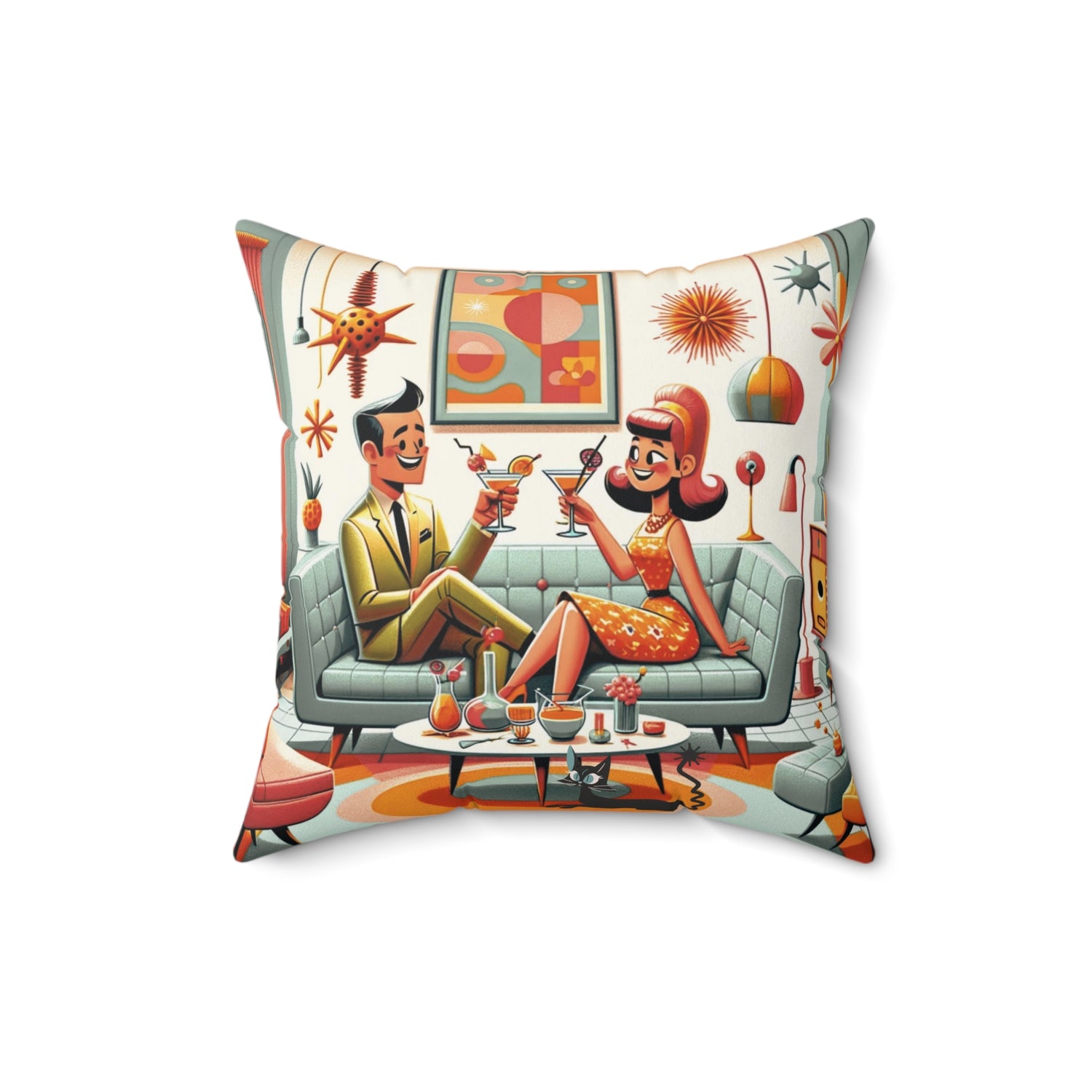 Mid Century Modern Coctail Kitschy 50d Pillow And Insert, With MCM Couple, Atomic Cat Pillow - Mid Century Modern Gal