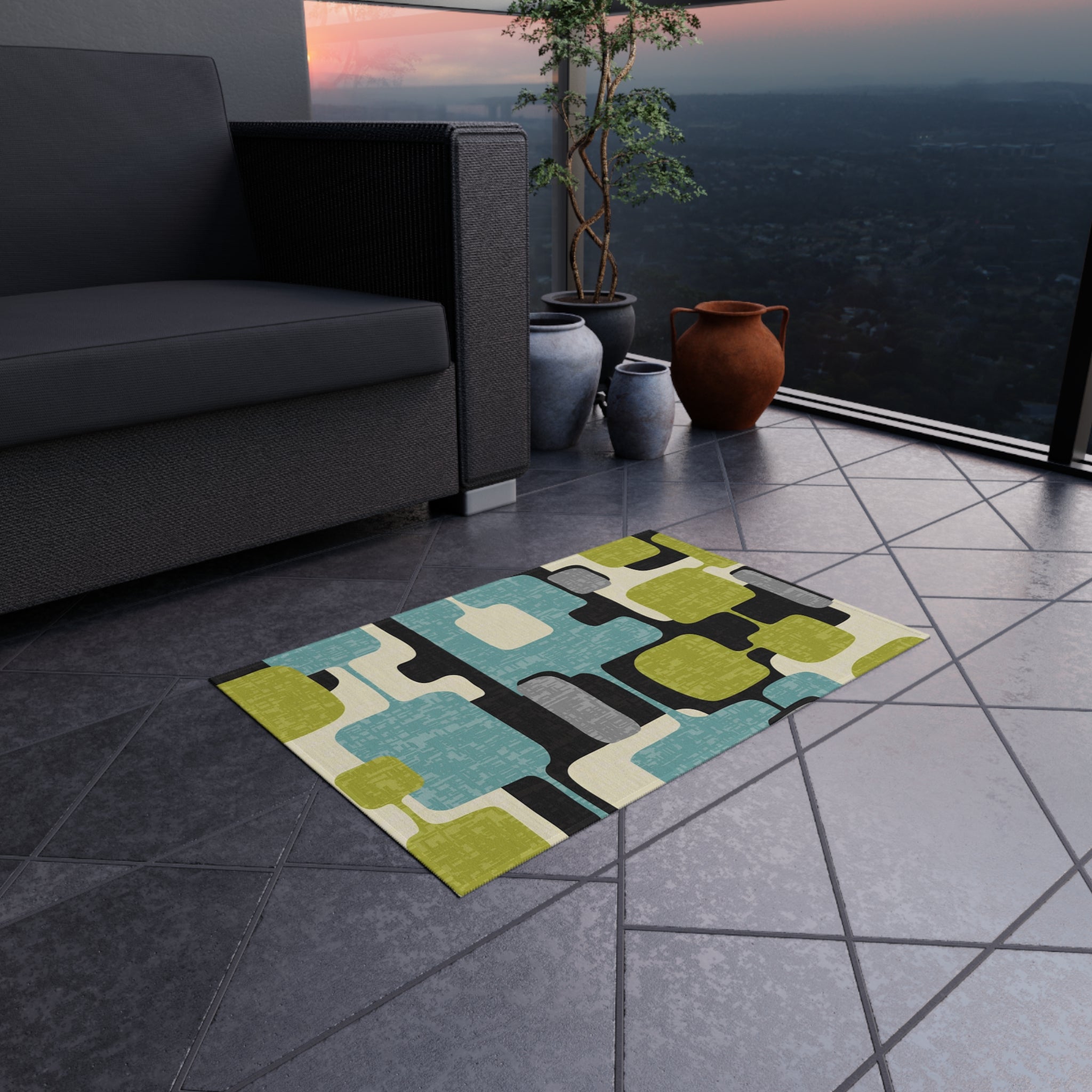 Mid Century Modern Geometric Indoor, Outdoor Area Rug, Lime Green, Aqua Blue, Black - Mid Century Modern Gal