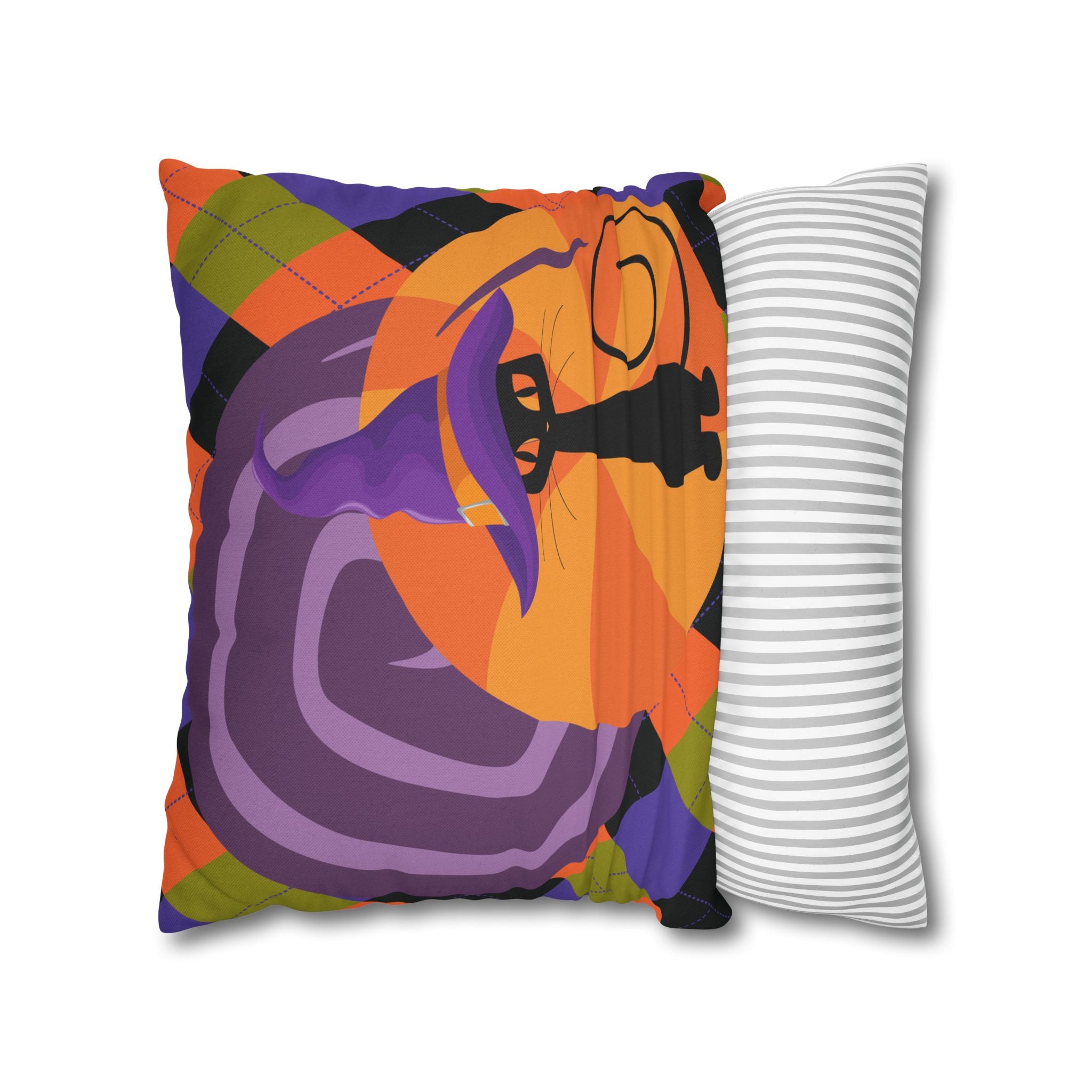 Atomic Cat Harlequin Pattern Orange Purple Black, Kitschy Halloween Pillow Cover - Mid Century Modern Gal