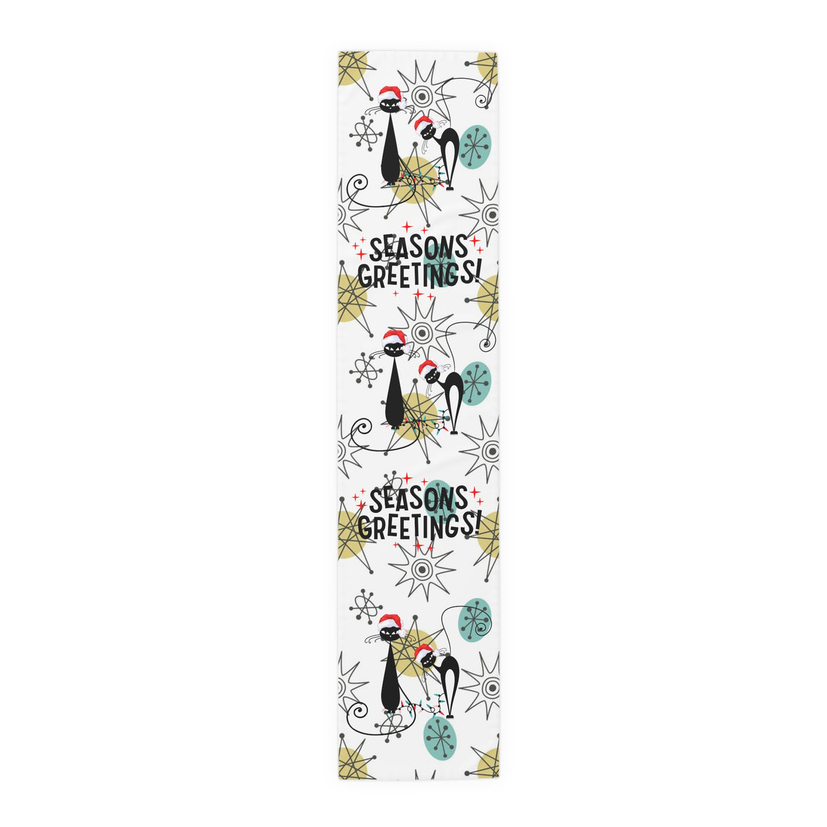 Mid Century Modern Franciscan Starburst, Kitschy 50s Atomic Cat Season Greetings Holiday Table Runner - Mid Century Modern Gal