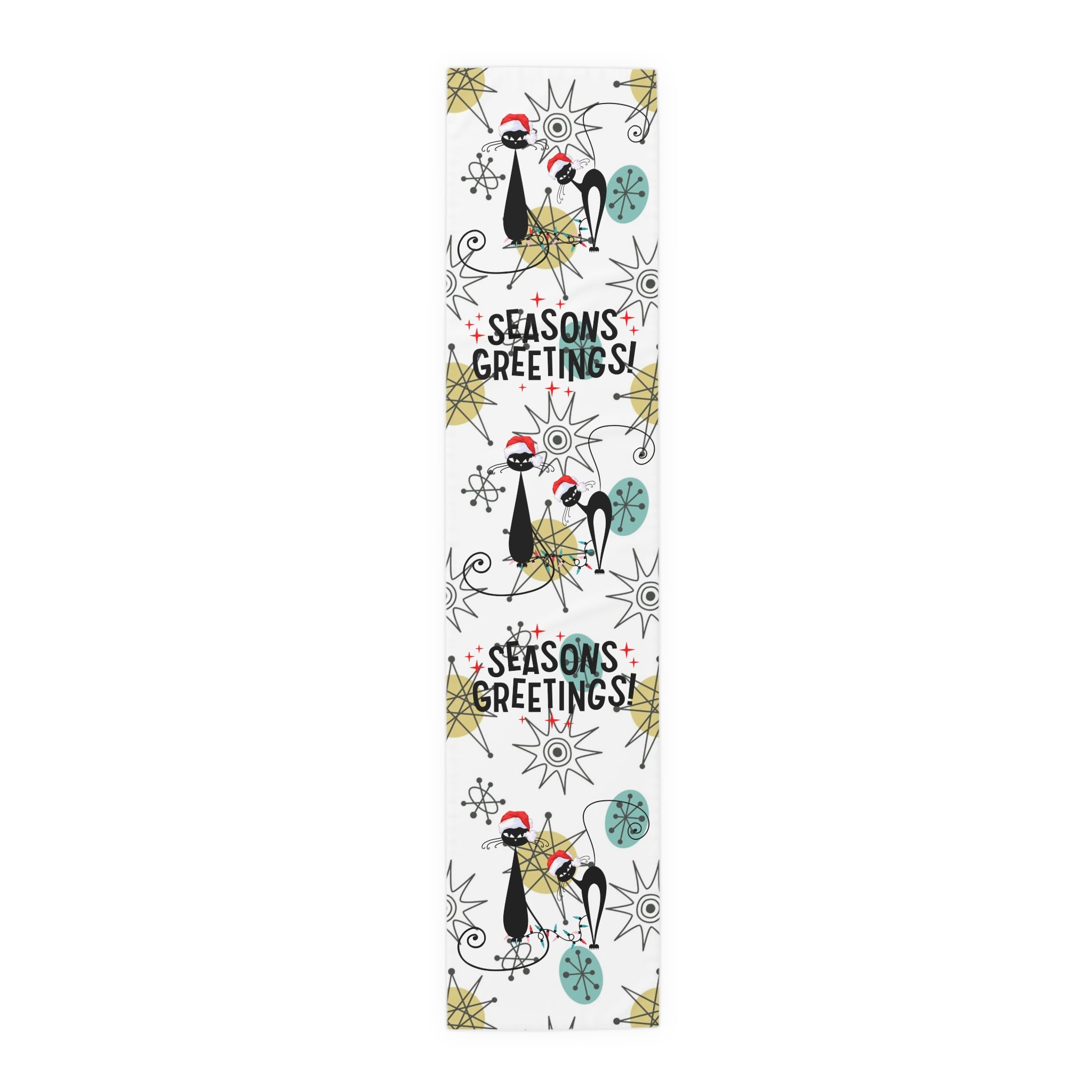 Mid Century Modern Franciscan Starburst, Kitschy 50s Atomic Cat Season Greetings Holiday Table Runner - Mid Century Modern Gal