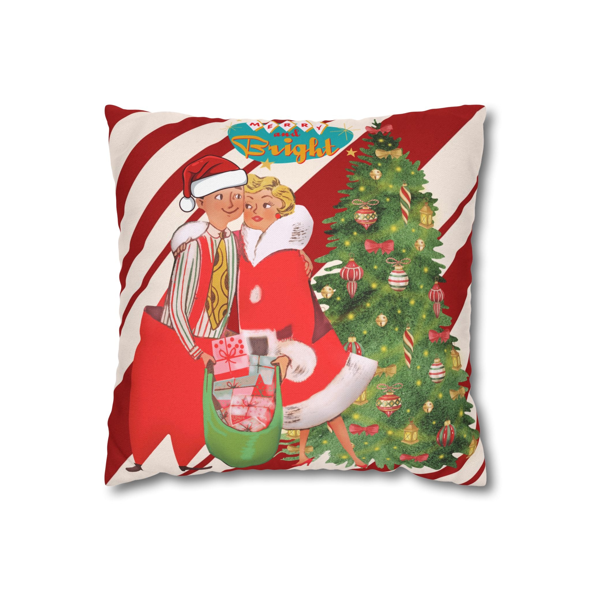 Retro Vintage Christmas Pillow Cover, Red And White Candy Cane Striped, Mid Century Modern Christmas Card Kitschy Holiday Throw - Mid Century Modern Gal