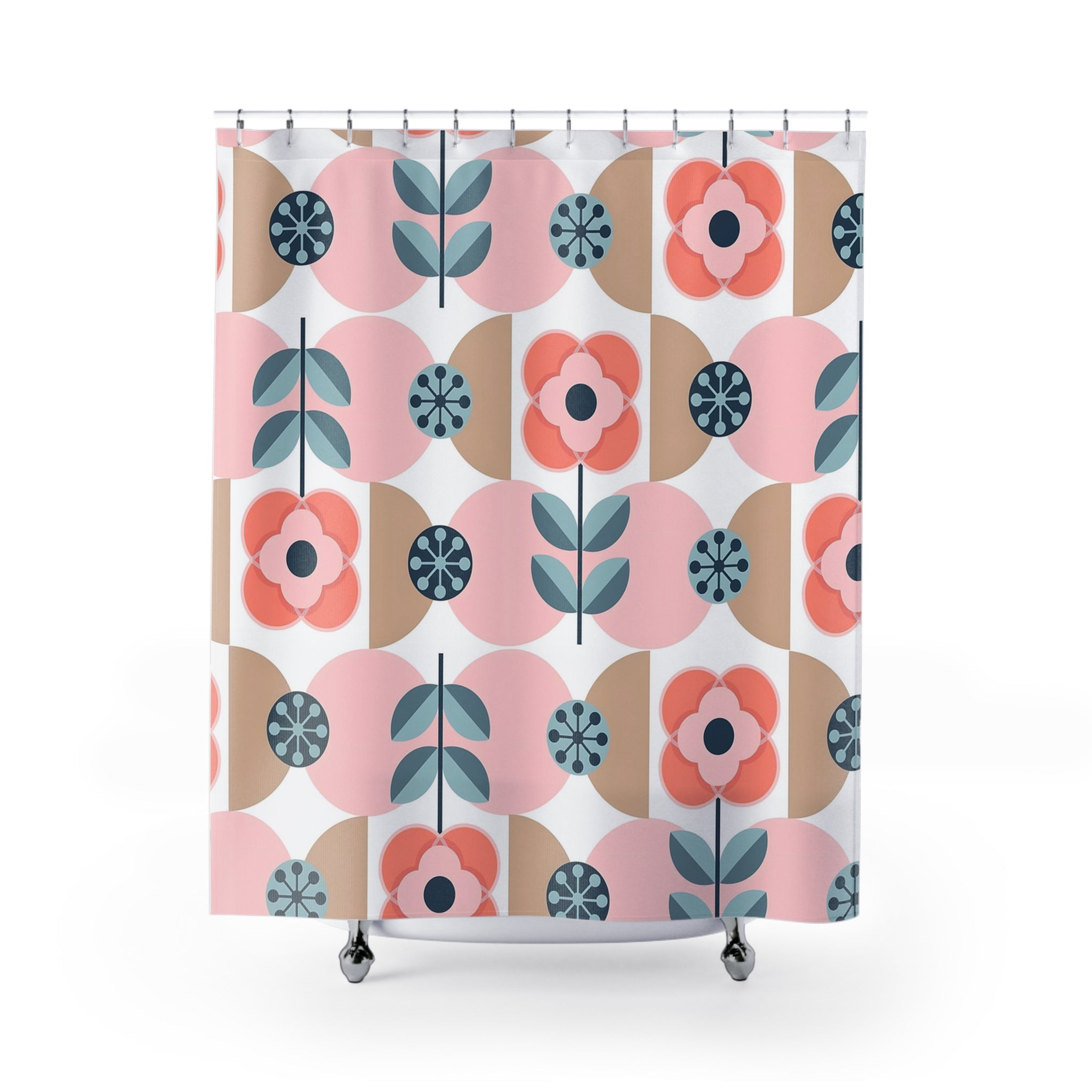 Scandinavian Designed Floral Shower Curtain, Pink, Blue, Retro Mod Bathroom Decor - Mid Century Modern Gal