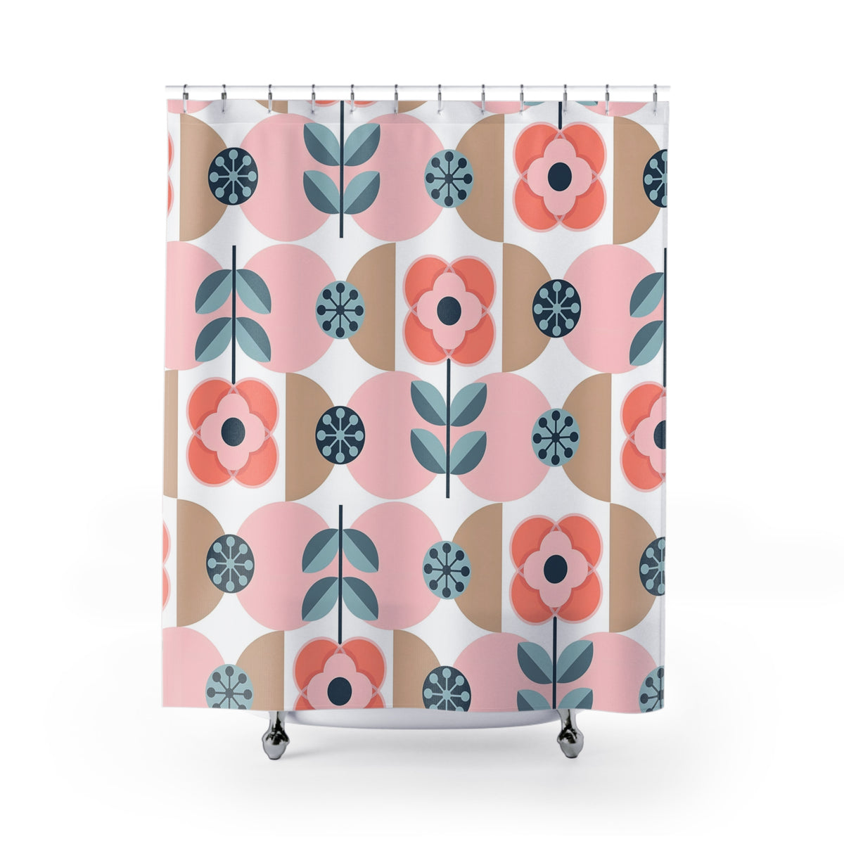Scandinavian Designed Floral Shower Curtain, Pink, Blue, Retro Mod Bathroom Decor - Mid Century Modern Gal