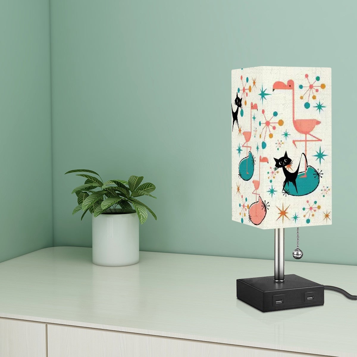 Atomic Cat Flamingo Palm Spring Cali Style, Mid Century Modern Square Table Lamp - Mid Century Modern Gal