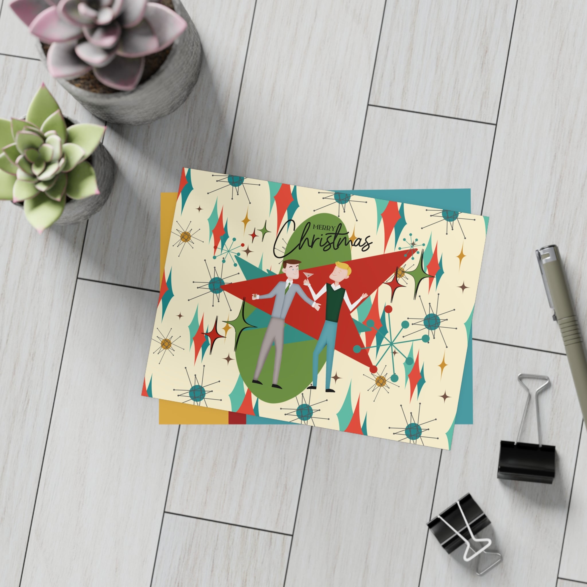 Gay Male Christmas Cards, Mid Century Modern Diamond Starburst Kitschy Fun Christmas Cards - Mid Century Modern Gal