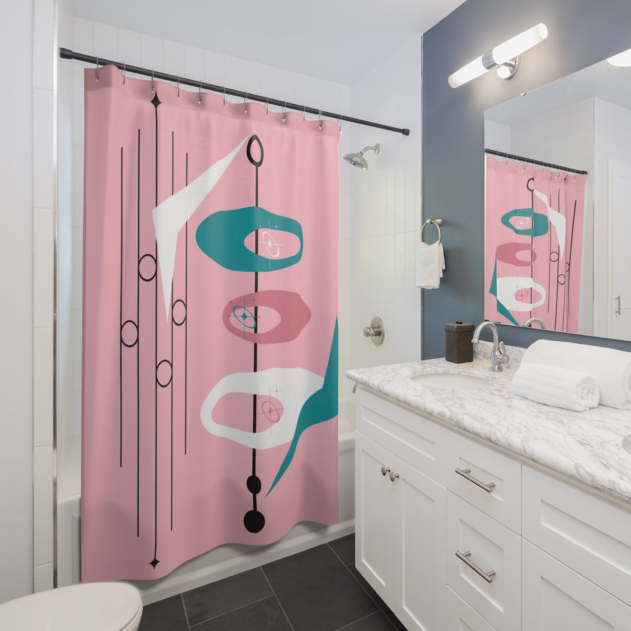 Mid-Century Modern Atomic Pink, Teal, White Retro Shower Curtain - Retro Pink & Teal Design - Mid Century Modern Gal