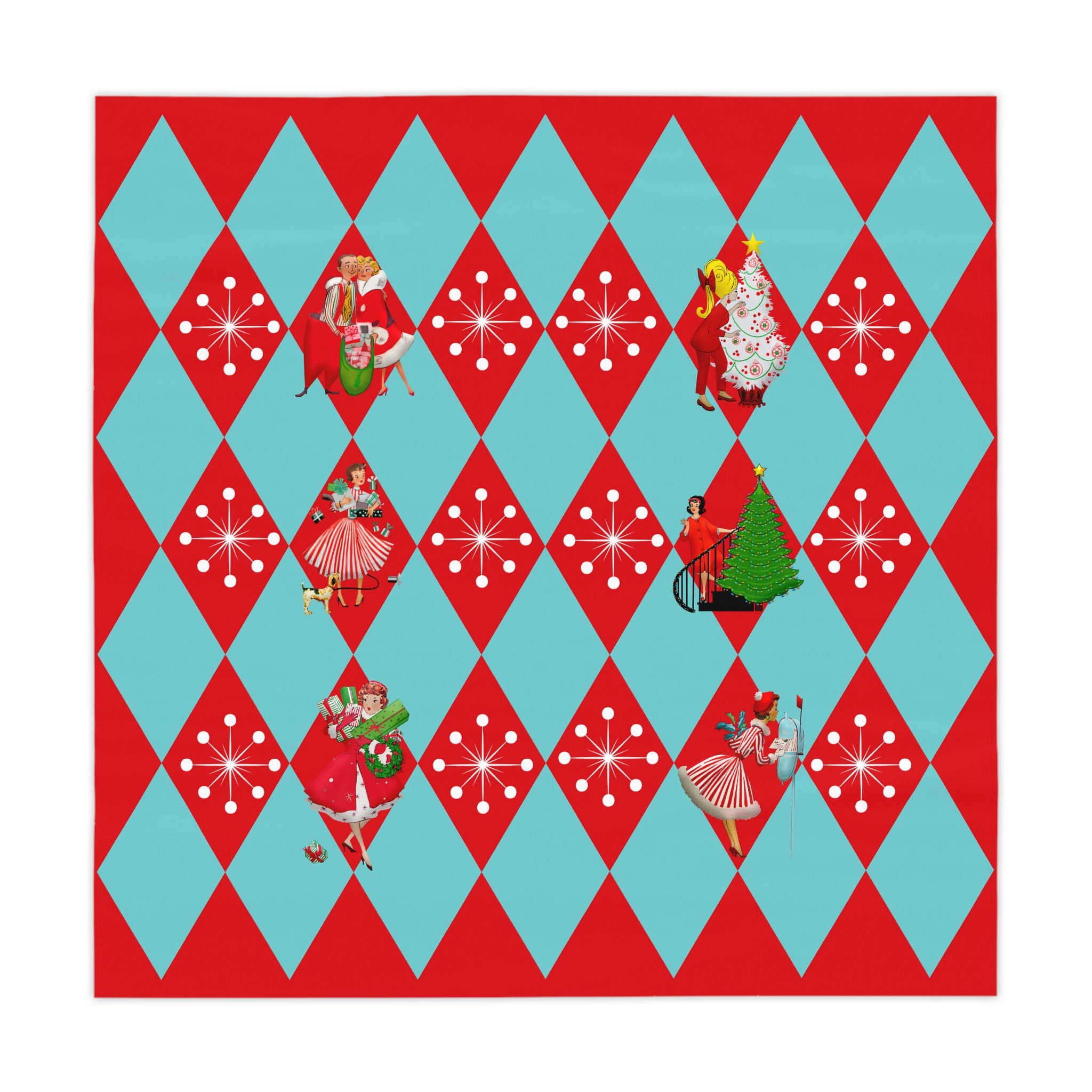 Christmas Tablecloth, Holiday Red, Aqua Harlequin Diamond 50s Gals Kitschy Christmas Table Decor - Mid Century Modern Gal