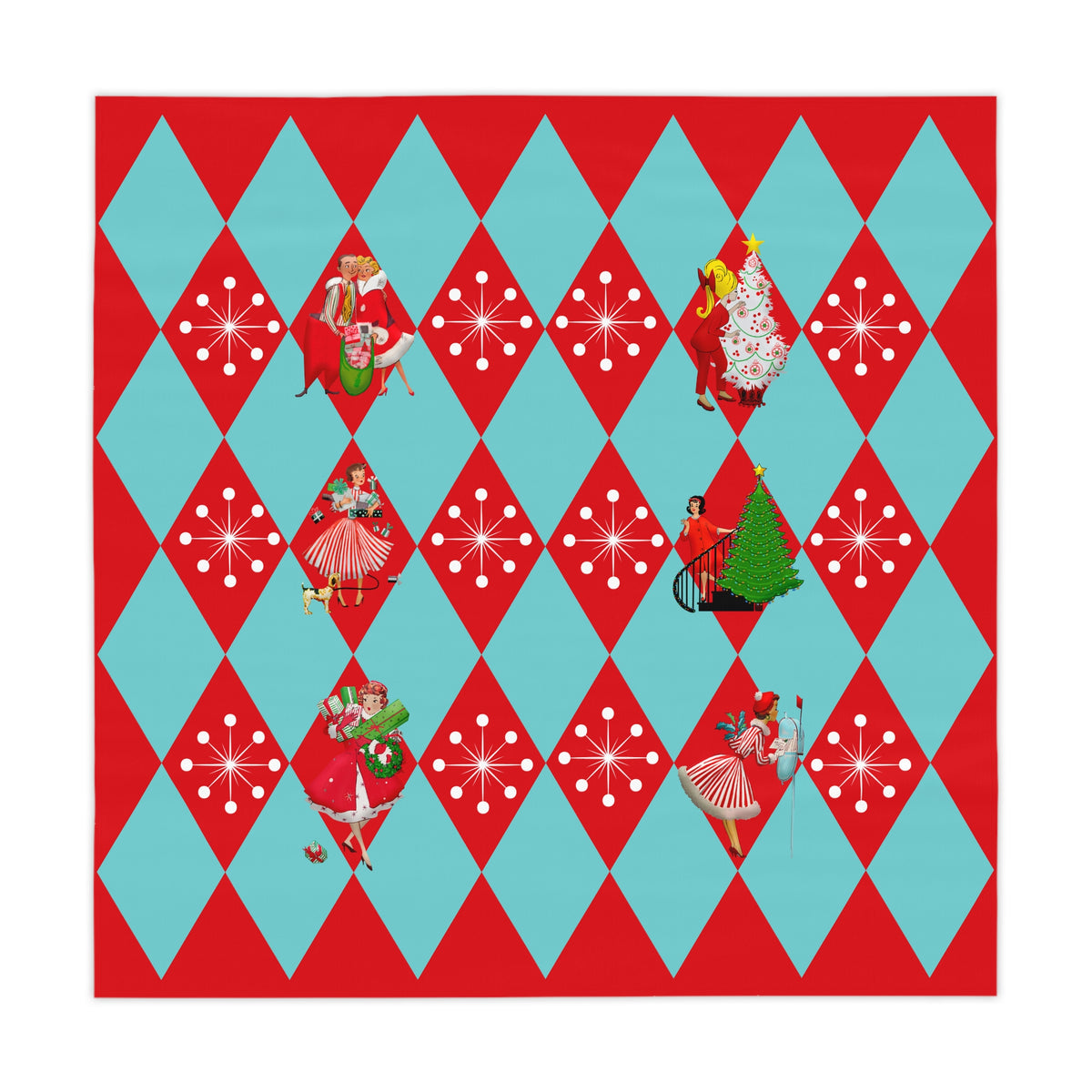 Christmas Tablecloth, Holiday Red, Aqua Harlequin Diamond 50s Gals Kitschy Christmas Table Decor - Mid Century Modern Gal