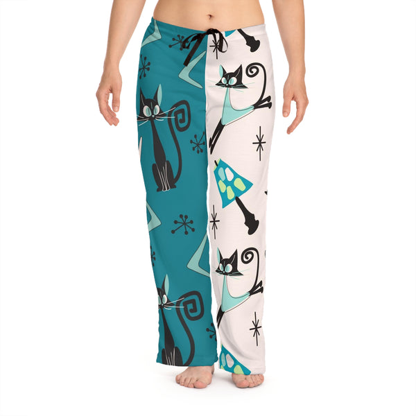 Crazy Cat Mom, Quirky Kitschy Atomic Cats, Funky Fun Mid Century Modern Style Women's Pajama Pants
