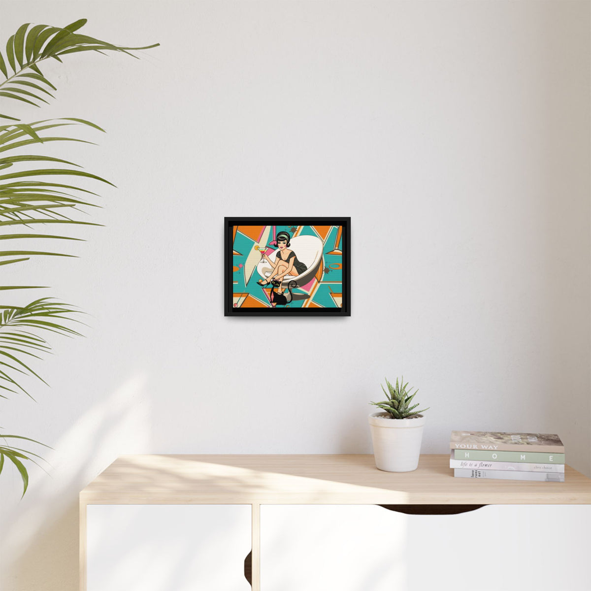 Mid Mod 60s Gal, Atomic Cat Barware Wall Art - Framed Matte Canvas with Vintage Cocktail And Retro Cat Design - Mid Century Modern Gal