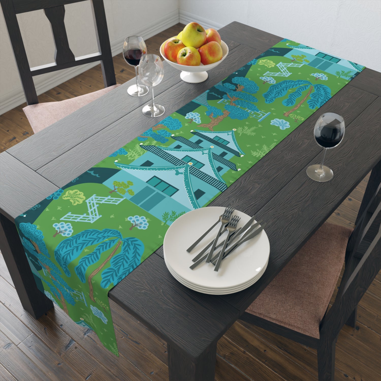 Chinoiserie Pagoda Blue, Green Tranquil Asian Inspired Table Setting Runner - Mid Century Modern Gal
