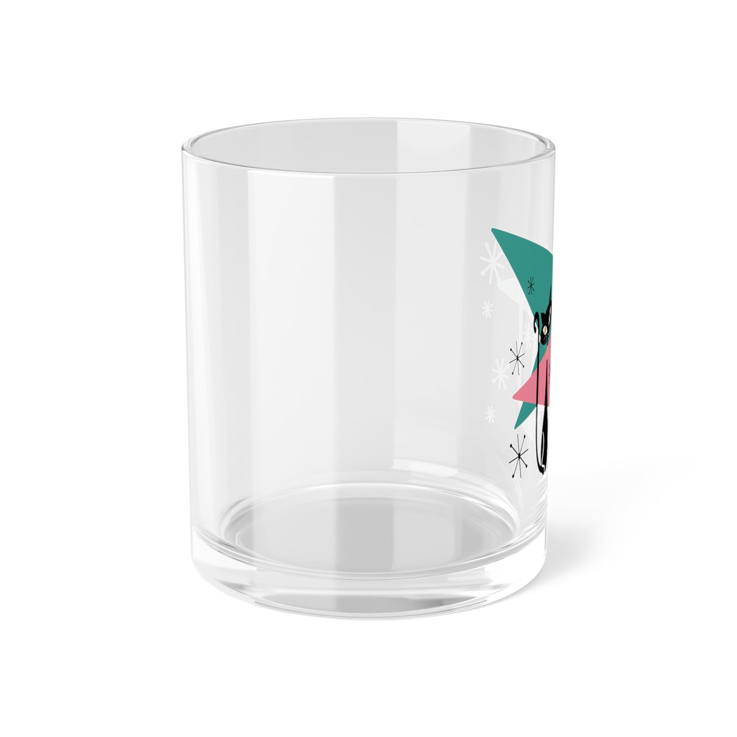 50s Atomic Cats, Kitschy Mid Century Modern Glass, Pink, Teal, Starbursts Bourbon, Gin, MCM Party DrinkwareBar Glass - Mid Century Modern Gal