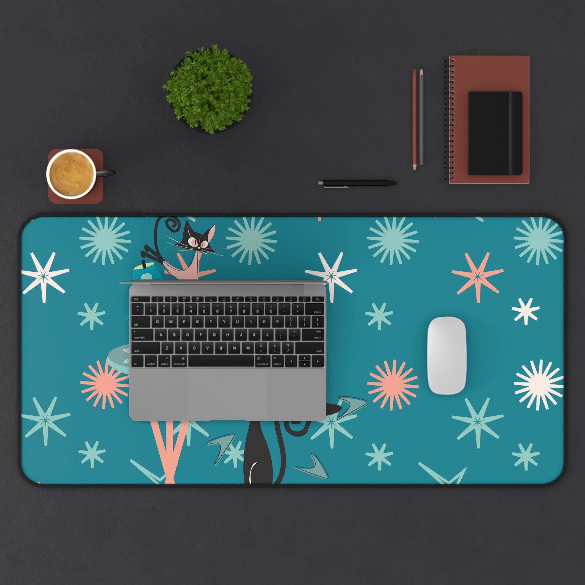 Atomic Cat Desk Mat, Kitschy Cute, Teal, Pink Starburst Mid Century Modern Office Decor - Mid Century Modern Gal