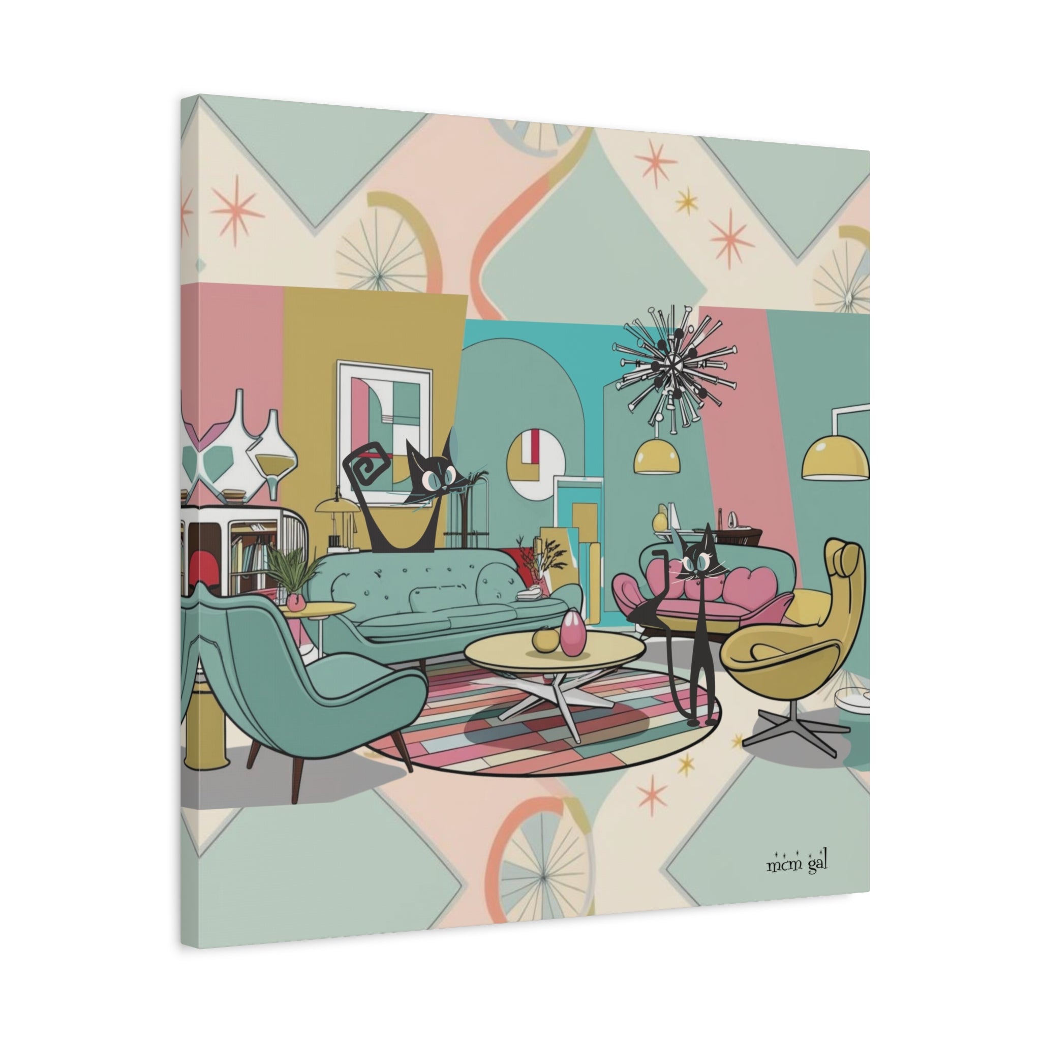 Mid-Century Modern Atomic Cat Kitschy Mod Living Room, Aqua, Pink, Starburst Original Art By MCM GAL - Mid Century Modern Gal