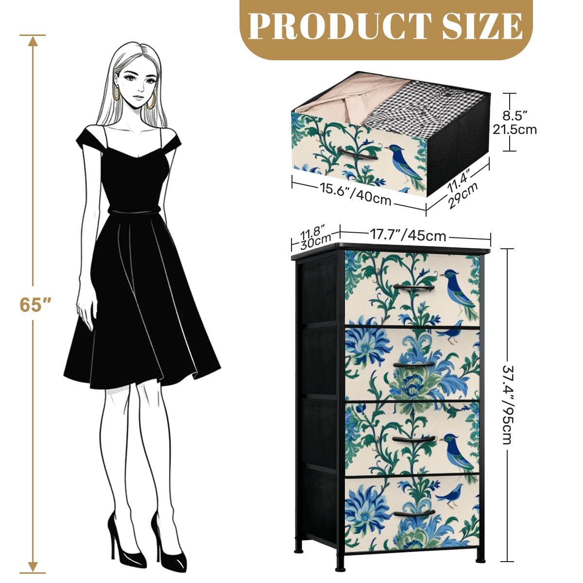Chinoiserie Botanical Garden Birds, Blue, Green Asian Inspired Modern 4-Drawer Dresser - Mid Century Modern Gal
