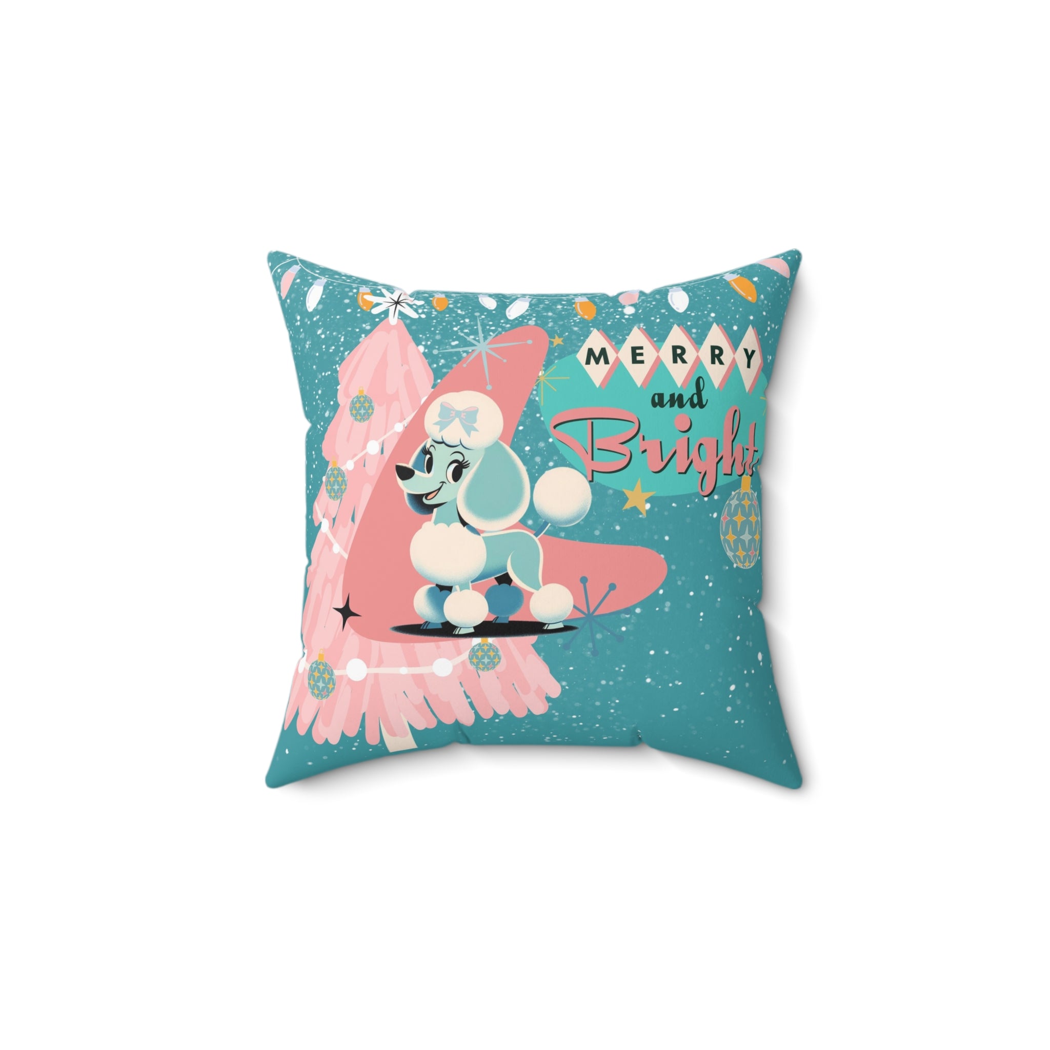 Mid Century Modern 50s Holiday Kitsch Poodle Merry And Bright, Aqua Pink Christmas Pillow And Insert - Mid Century Modern Gal